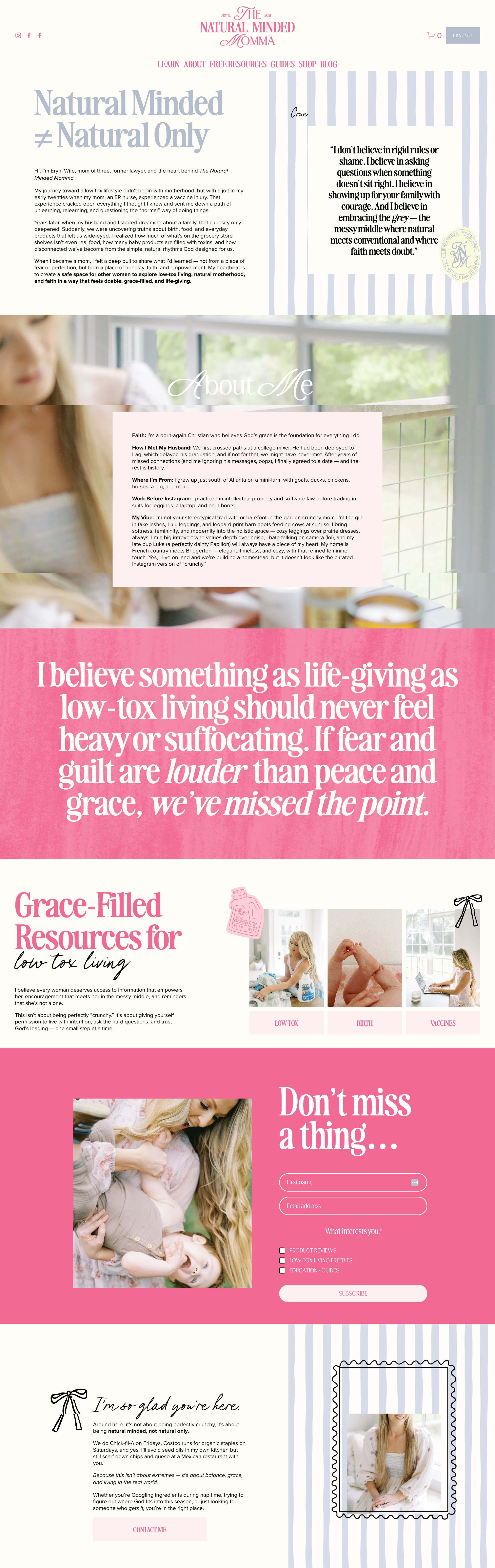 Personal brand website design for The Natural Minded Momma featuring influencer website design, low-tox living resources, email marketing integration, and strategic branding for influencers.