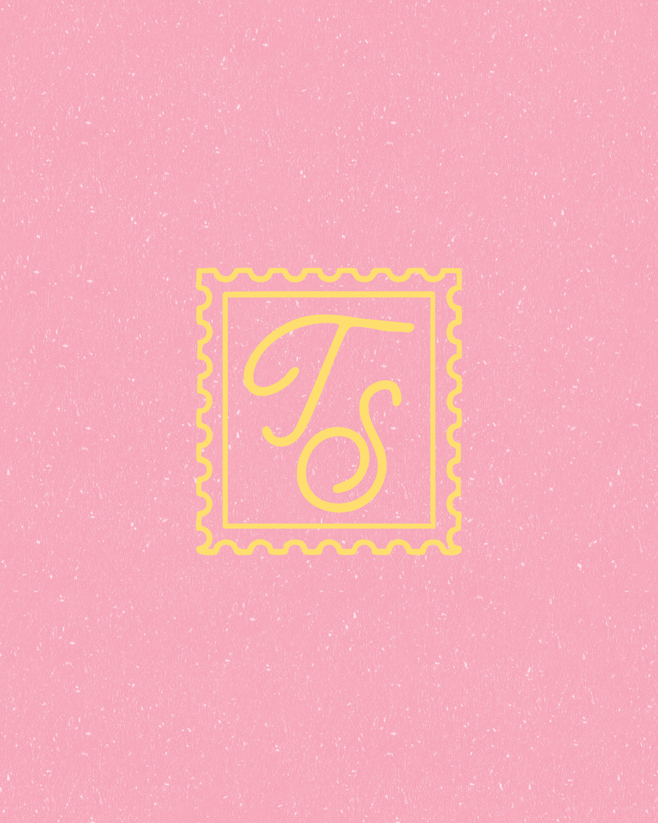 Bright yellow “TS” monogram inside a scalloped stamp frame on a textured pink background.