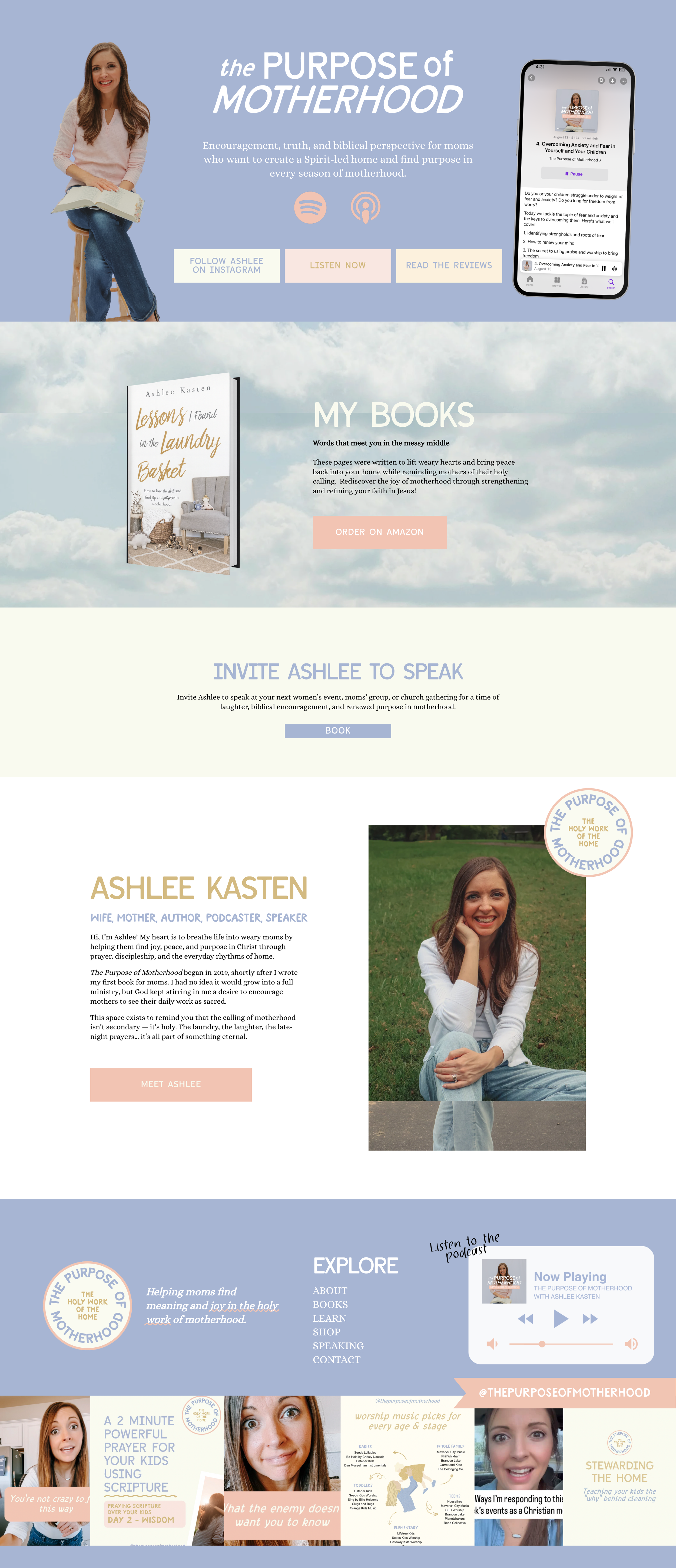 Author website design for Ashlee Kasten’s The Purpose of Motherhood brand featuring podcast branding, book sales page, speaking section, and strategic personal brand website layout.