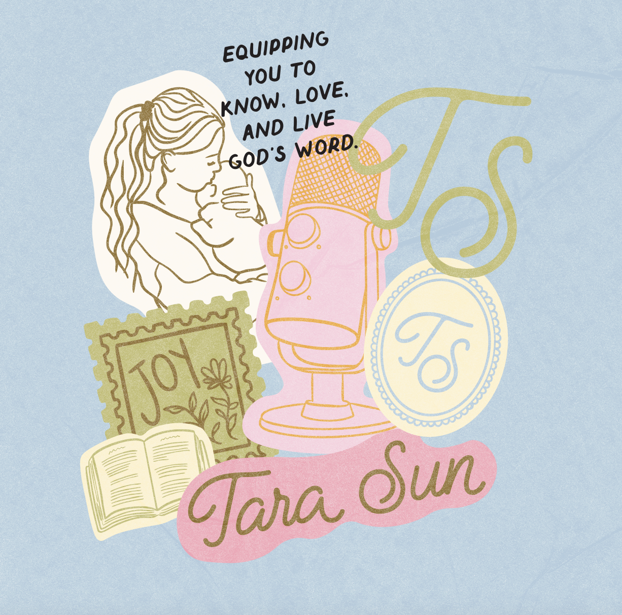 Faith-based podcast branding graphic featuring vintage microphone, mother and child line drawing, open Bible, and “Equipping you to know, love, and live God’s Word” text. Example of Christian personal brand website design.