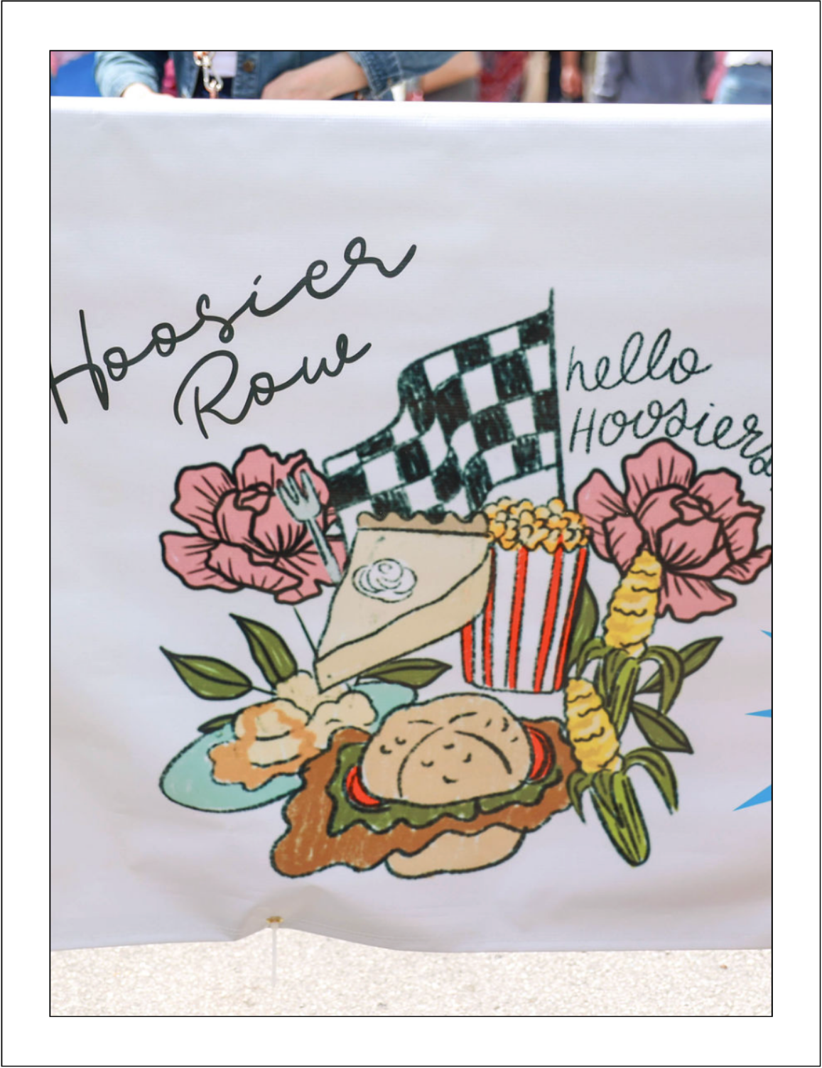 Hand-illustrated Hoosier Row festival graphic featuring peonies, popcorn, sweet corn, and an Indiana tenderloin sandwich, celebrating the Indiana Peony Festival in Noblesville.