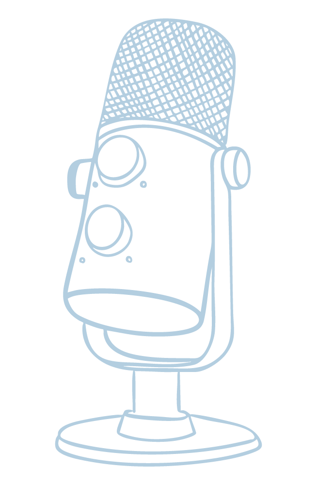 Light blue line art illustration of a vintage podcast microphone used as a brand accent graphic.