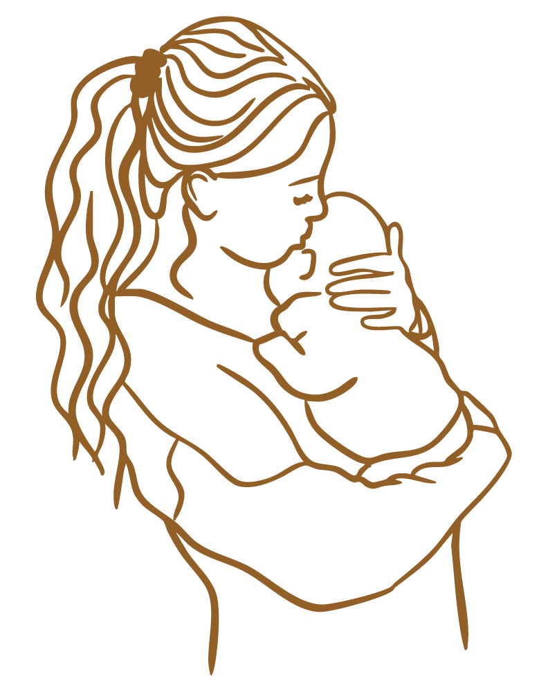 Warm brown line art illustration of a woman holding and kissing a baby in her arms.