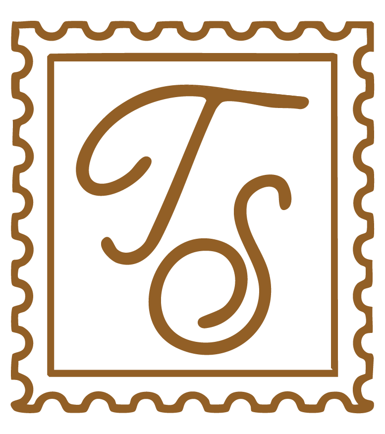 Stamp brown and cream monogram logo featuring the initials “TS” in elegant script with a decorative border