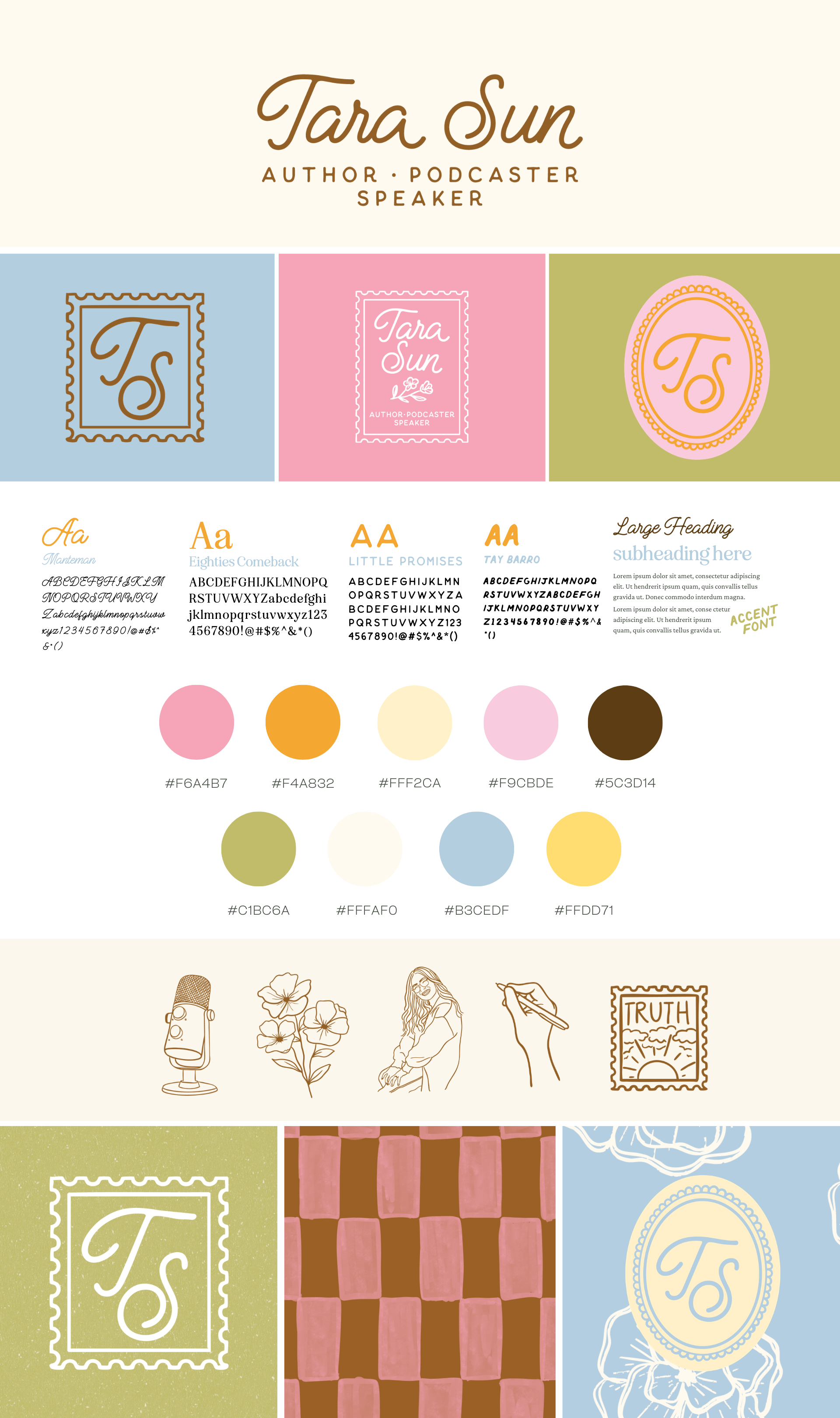 Comprehensive brand board for Tara Sun featuring logo variations, monogram marks, color palette swatches, typography selections, and decorative stamp-style brand elements in pink, blue, green, and gold tones.