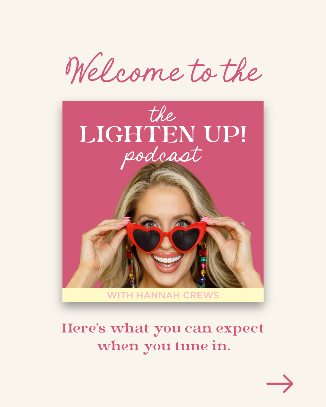 Podcast branding graphic for The Lighten Up Podcast with Hannah Crews, featuring bold pink cover art and personal brand website design for a faith-based influencer and author.