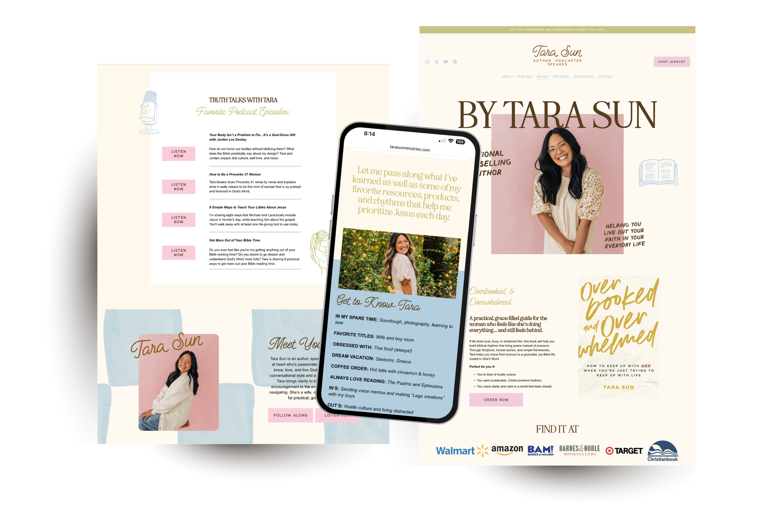Christian author Tara Sun website and mobile design featuring her podcast Truth Talks with Tara and book Overbooked and Overwhelmed.