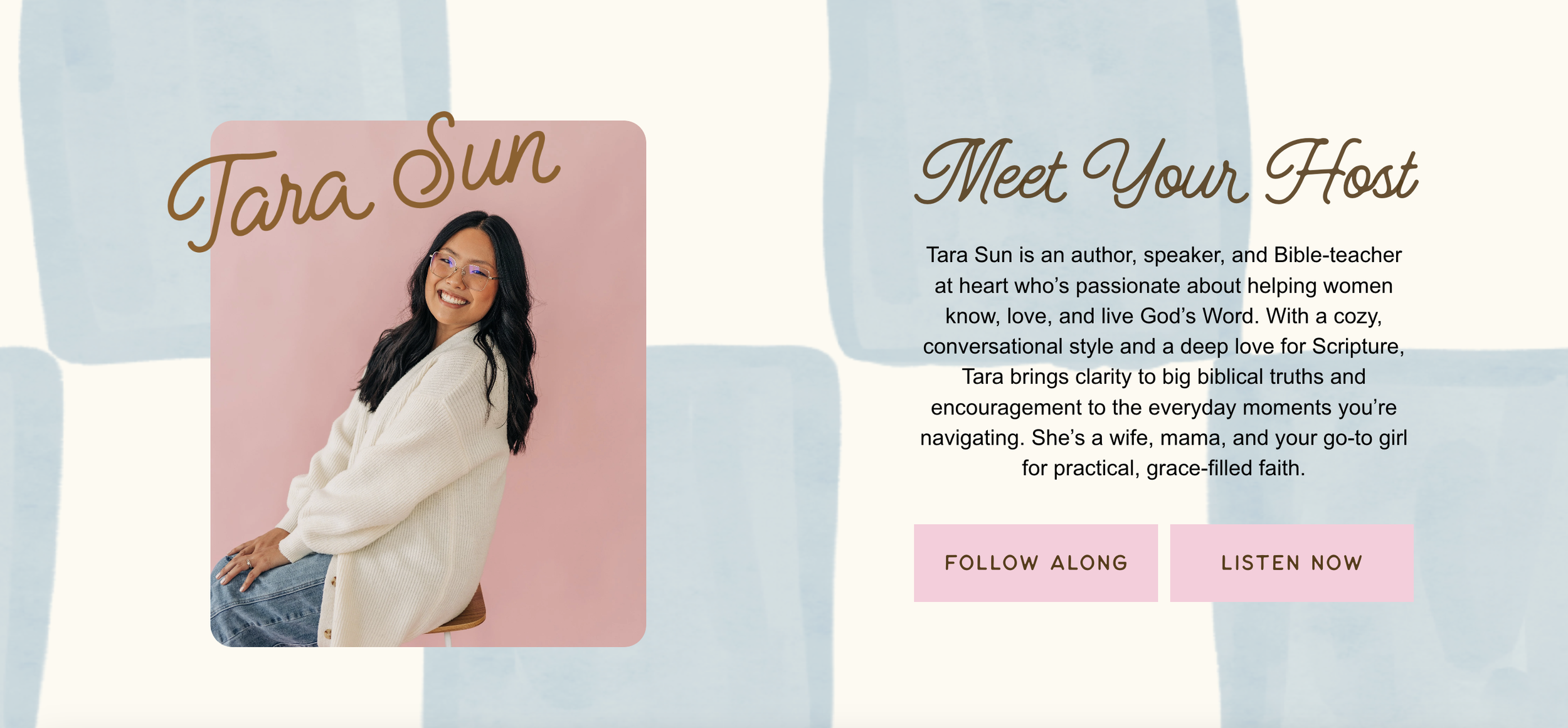 screenshot of "meet your host" page on Tara's new website, featuring a blue and cream checkered background, soft berry pink buttons and a photo of tara with a pink background and Tara's script, "Tara Sun" overlaid on top of the photo