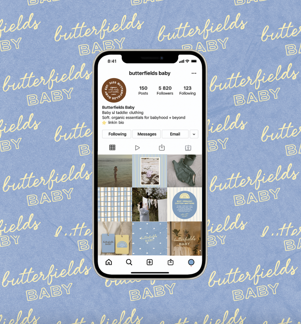 Instagram feed mockup for Butterfields Baby showcasing organic baby clothing brand visuals and cohesive social media branding. Example of lifestyle brand design and content strategy for product-based businesses.