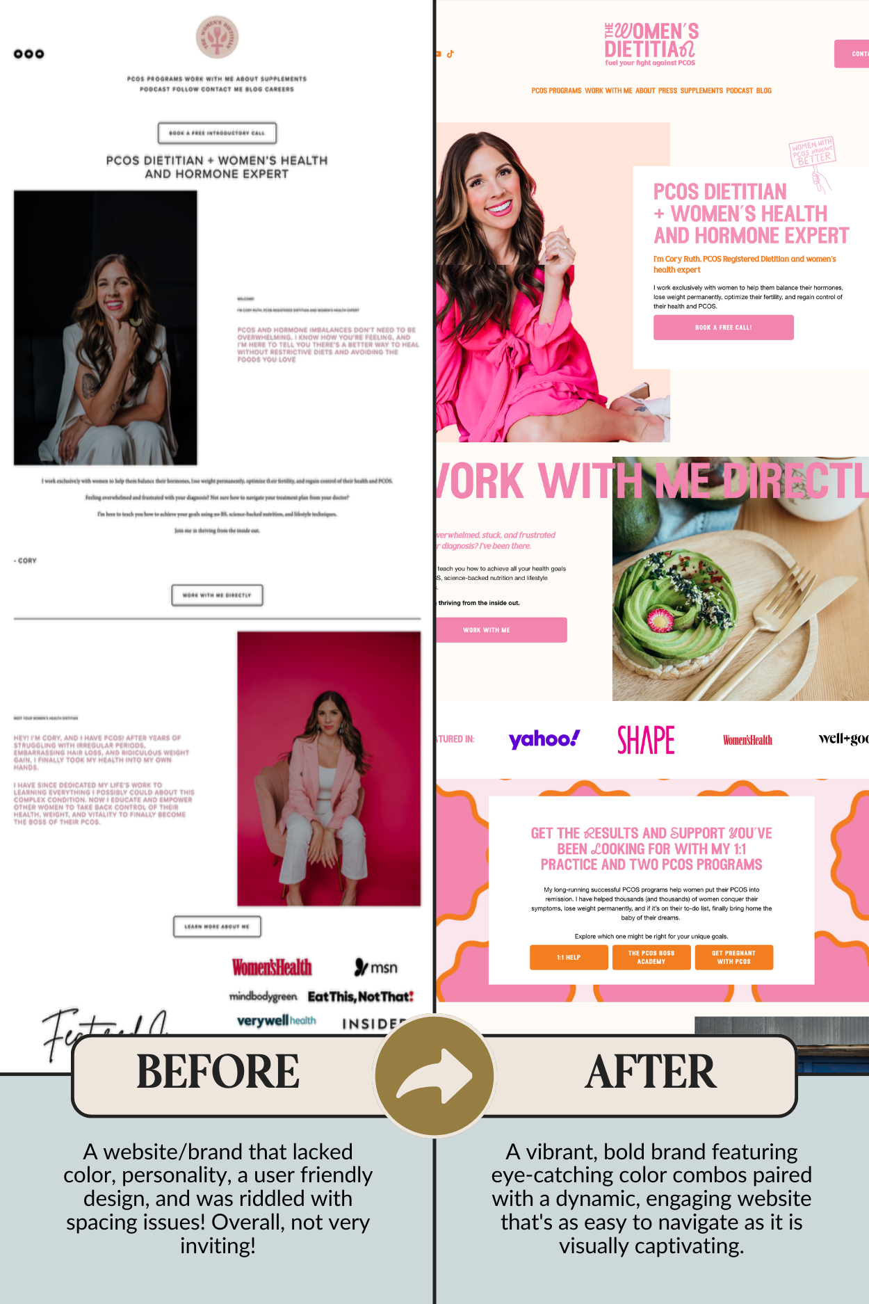 a website design before and after for PCOS women's dietitian Cory Ruth