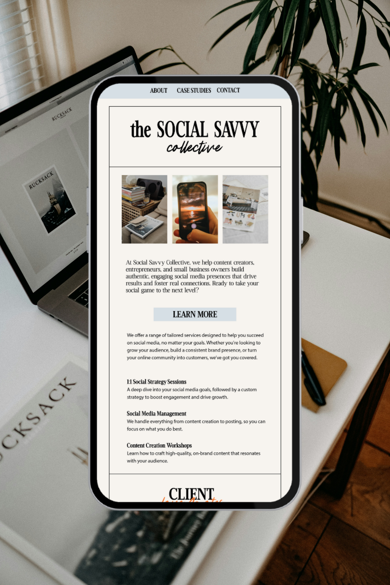 Website design mockup for Social Savvy Collective displayed on an iPad, styled in a modern workspace setting.