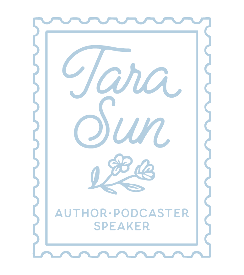 Light blue, stamp-shaped line drawing with scalloped edges featuring the name ‘Tara Sun’ in script, a small floral illustration beneath, and the words ‘Author · Podcaster · Speaker’ at the bottom.