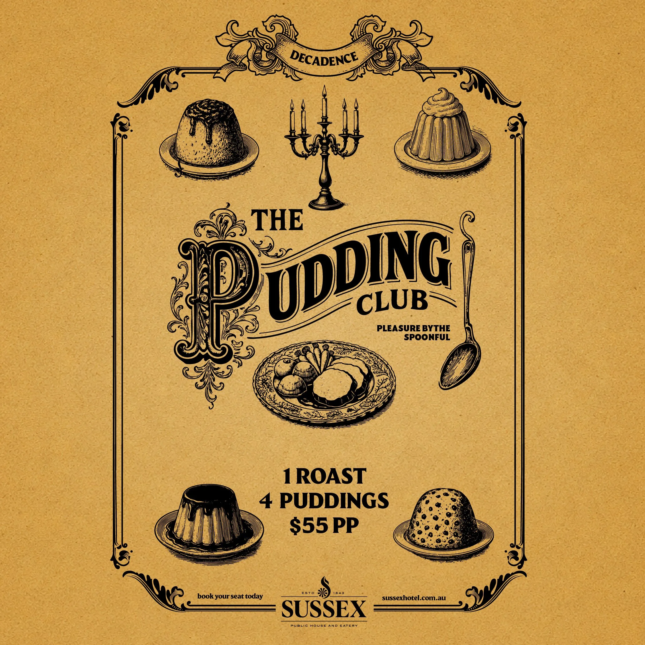 Poster for the Sussex Hotel Pudding Club Night Last Tuesday of Every Month