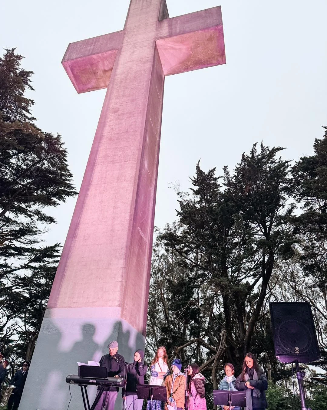 Once again the faithful hiked up at sunrise to celebrate Easter at the foot of the majestic Mount Davidson Cross.  The cross was lit up on Easter Eve by the Council of Armenian American Organizations of Northern California. It was a glorious site the