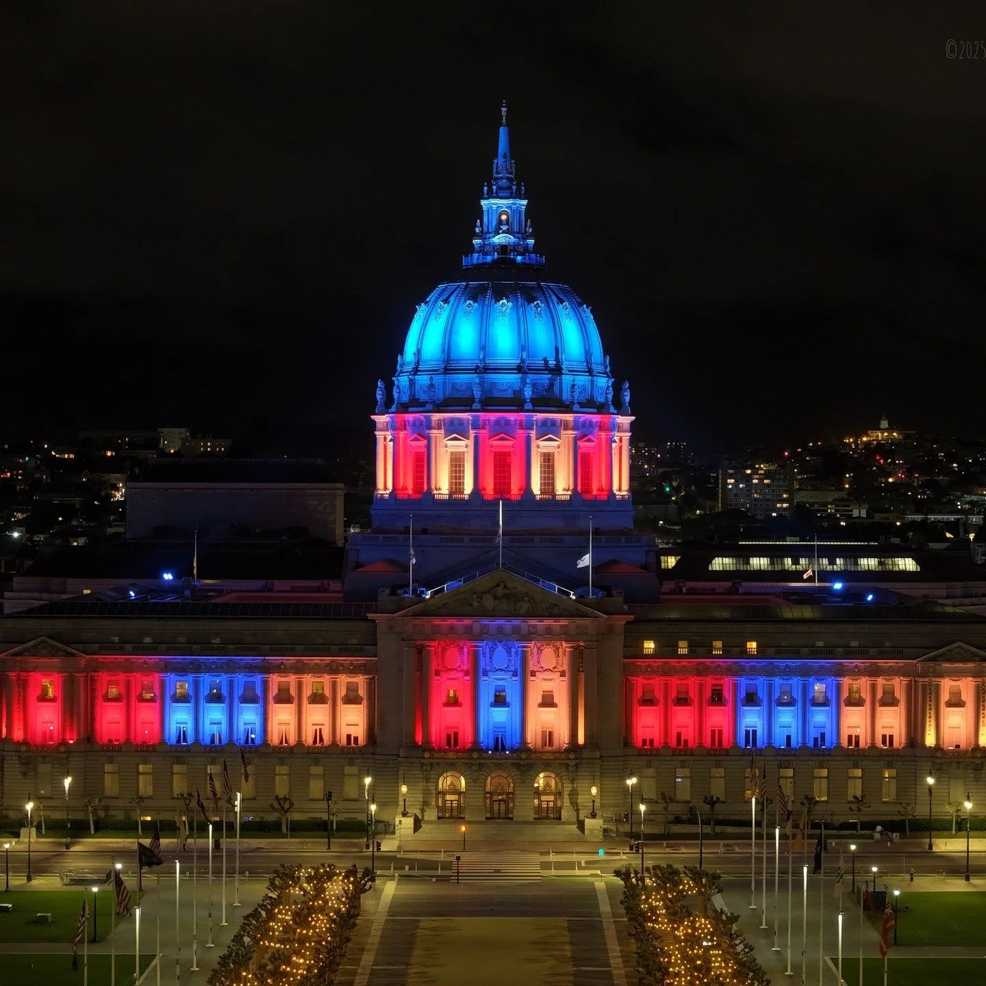 April 24, 2025 San Francisco City Hall lit with the tricolor of Armenian flag in memory of the 110th anniversary of the Armenian Genocide.