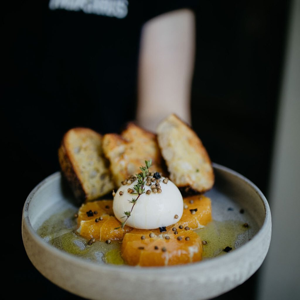 Small bites with simplicity of ingredients and depth. Burrata + orange + roasted coriander seeds + lavender infused honey  syrup + sourdough. 2 weeks left. Come on in for lunch this week.
