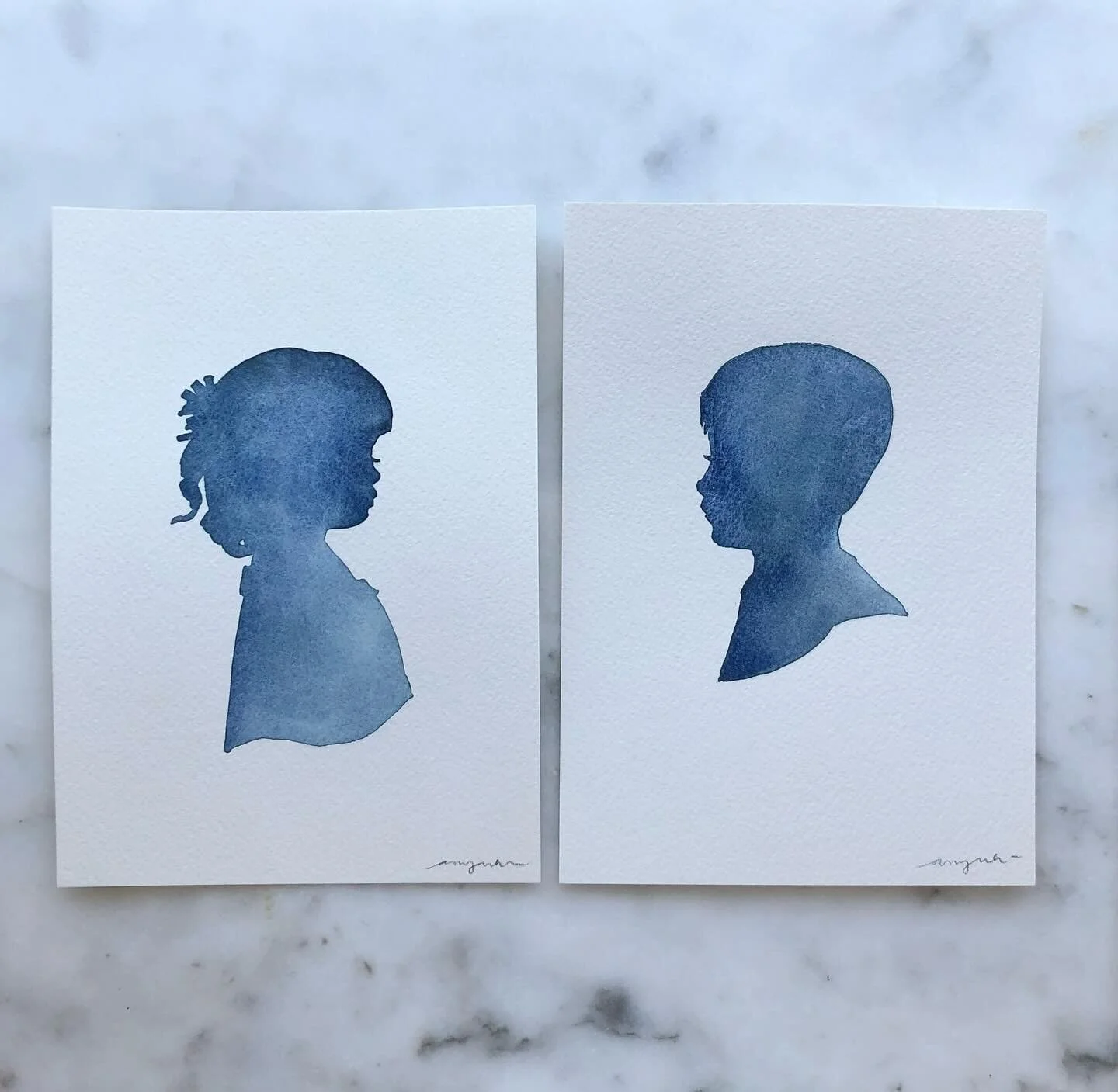 Sweet watercolor silhouettes of the bride &amp; groom when they were kiddos