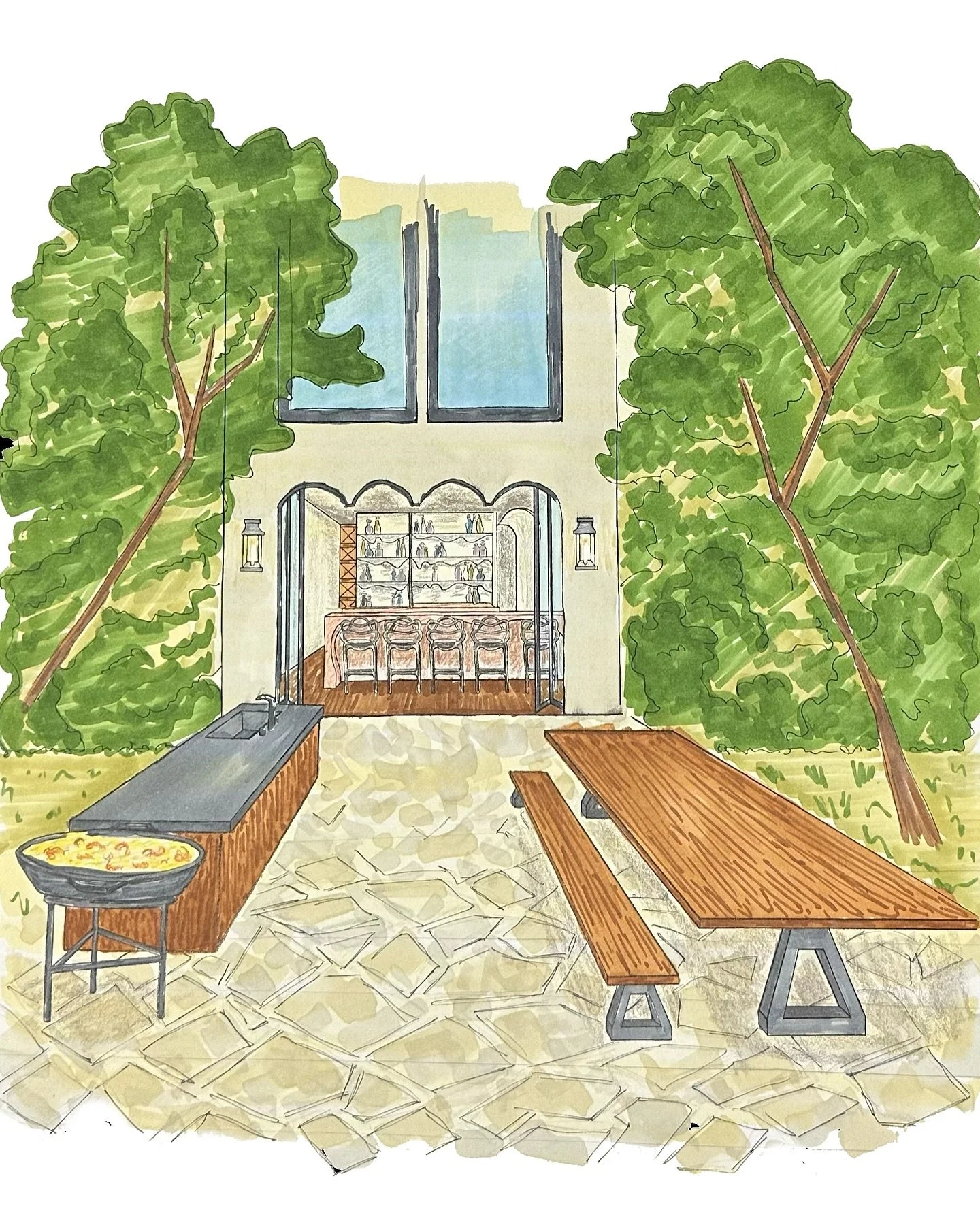 Hand Rendering of an Outdoor Kitchen and Dining Area

#interiordesign #handrendering #illustration