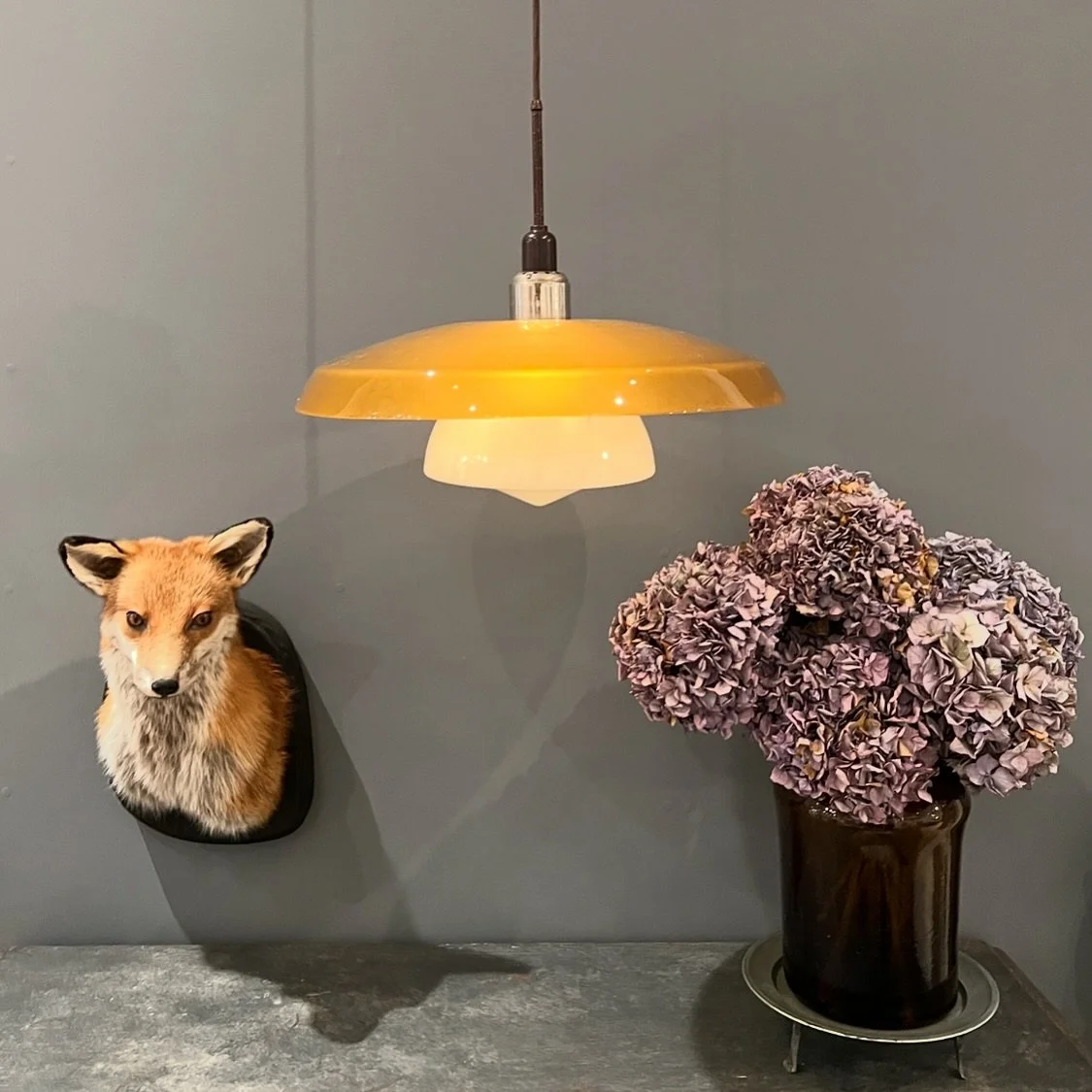 Seasonal color inspiration. 

A pendant by Fog &amp; M&oslash;rup, dried hydrangeas and antique fox taxidermy. 

#interiors #styling #designinspiration #scandinavianlighting