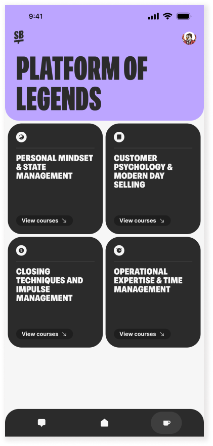 screenshot of Sales Buddi app Training categories