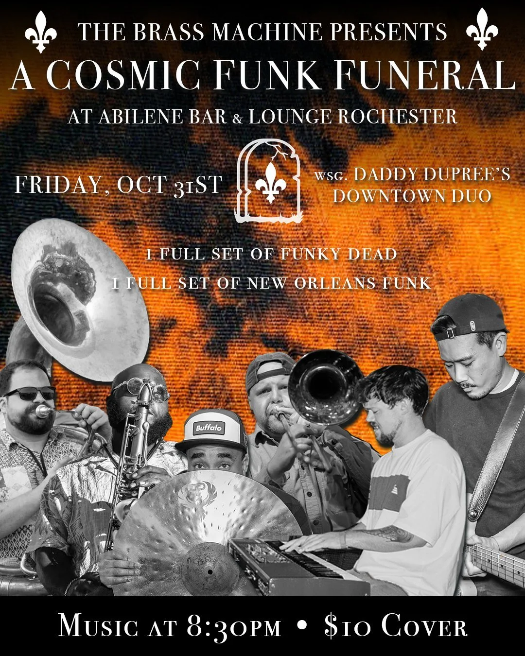 our pals @thebrassmachine are throwin' a big party in rochester

technically it's a funeral, but funky as hell

this friday at @abilenebarandlounge, 8:30pm, let's have some fun

#rochester #roc #rochesterny