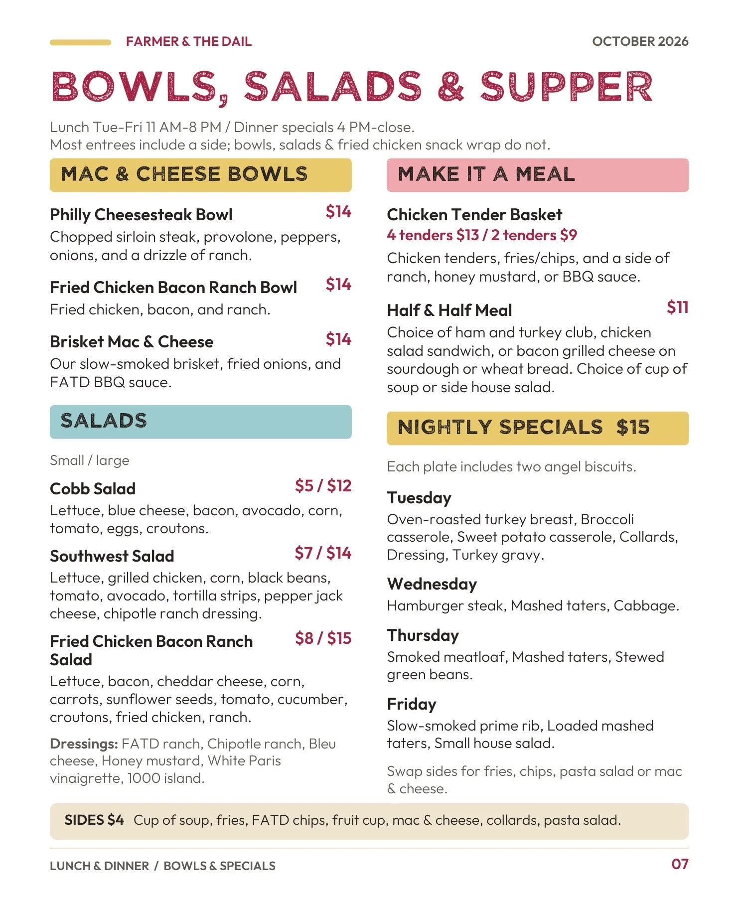 October 2026 menu — page 7: Bowls, salads, and supper