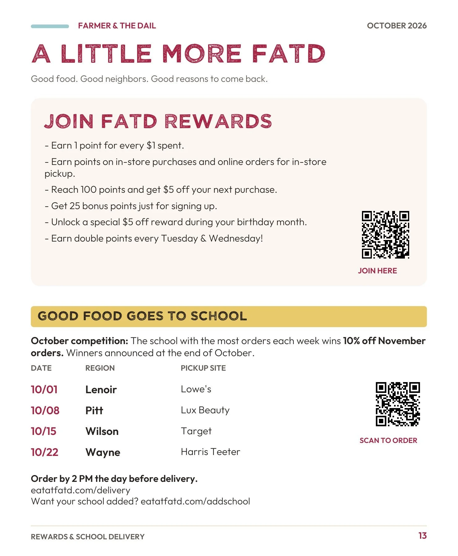 October 2026 menu — page 13: Rewards and school delivery