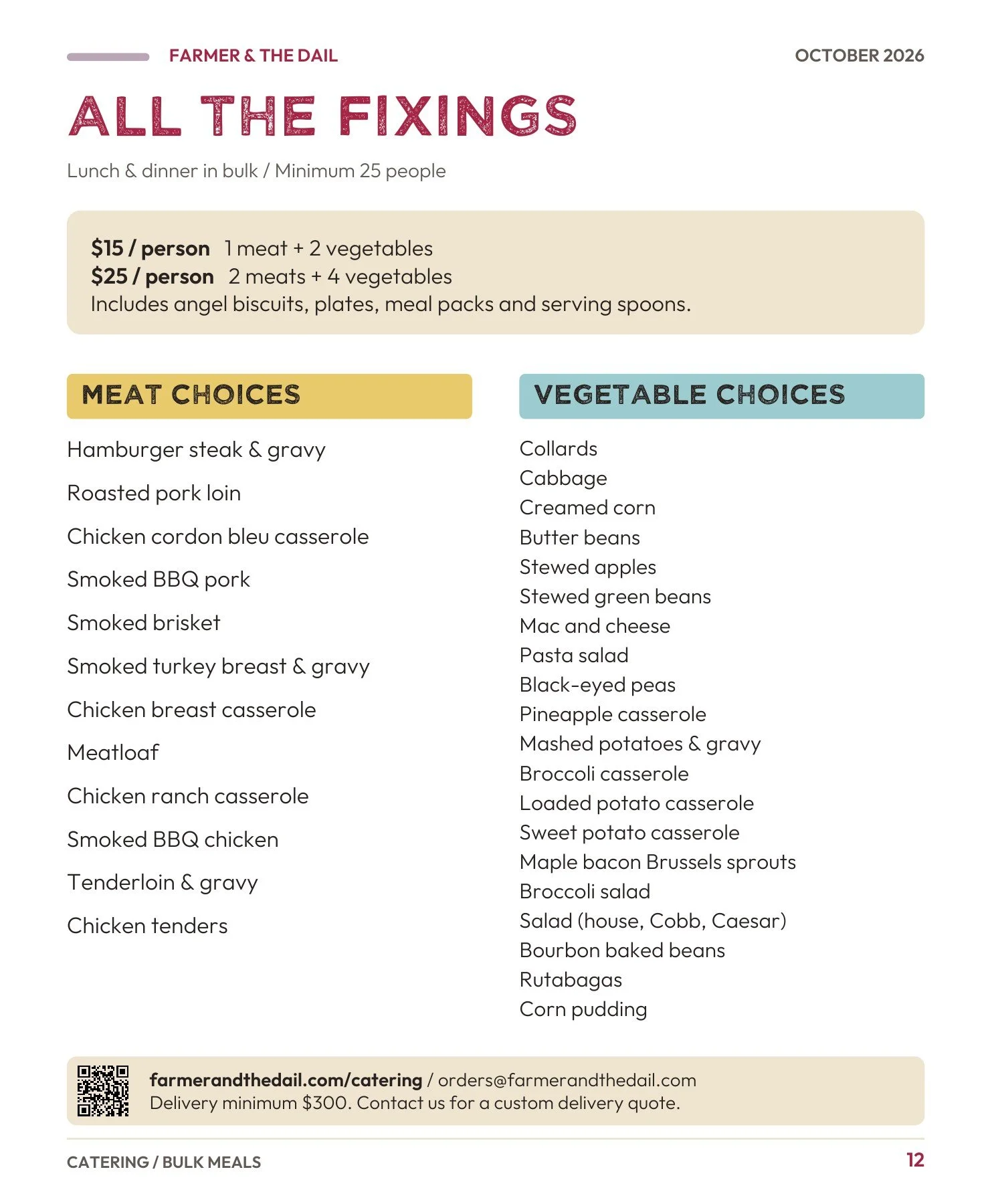 October 2026 menu — page 12: Catering bulk meals