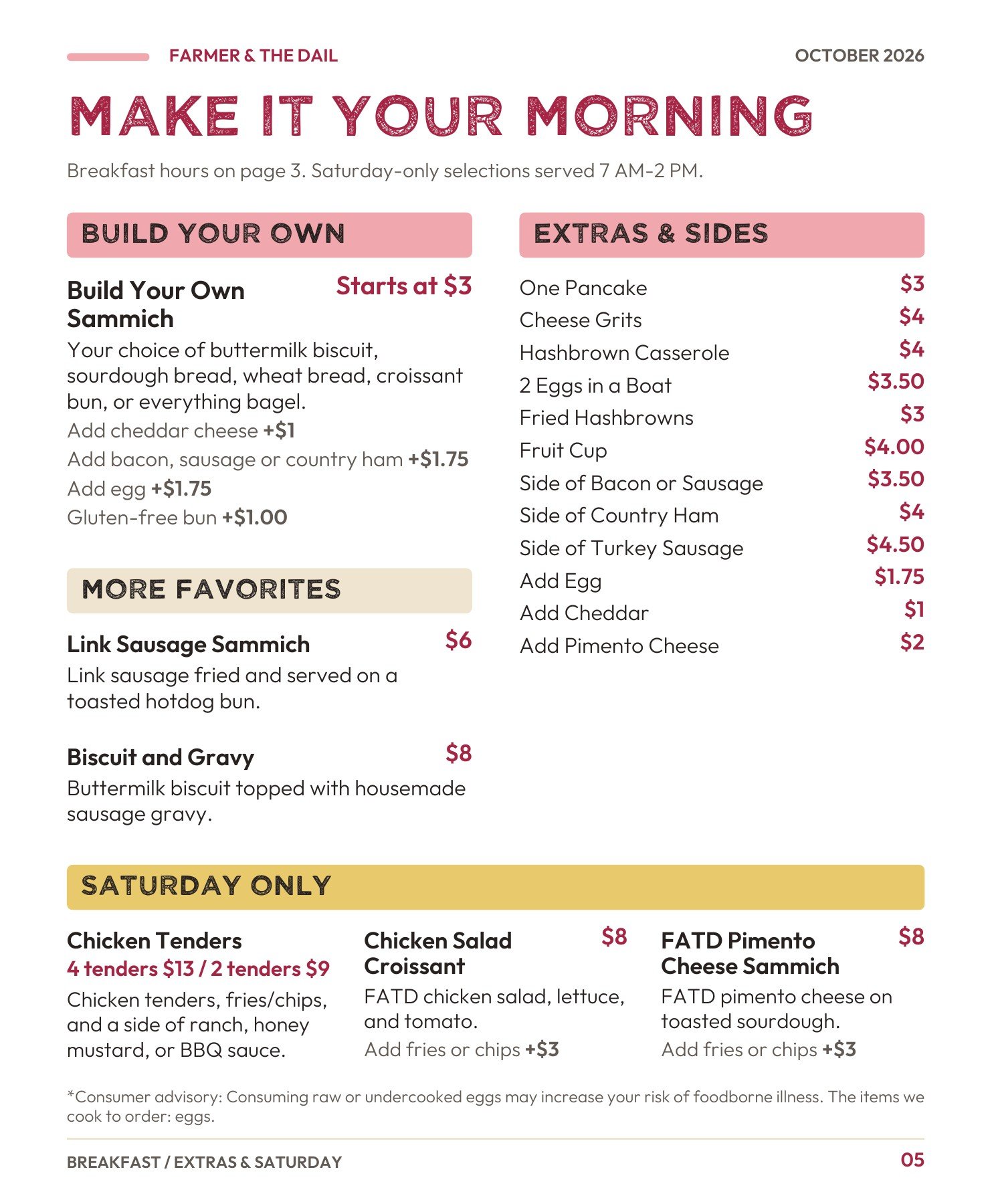October 2026 menu — page 5: Breakfast sandwiches and sides
