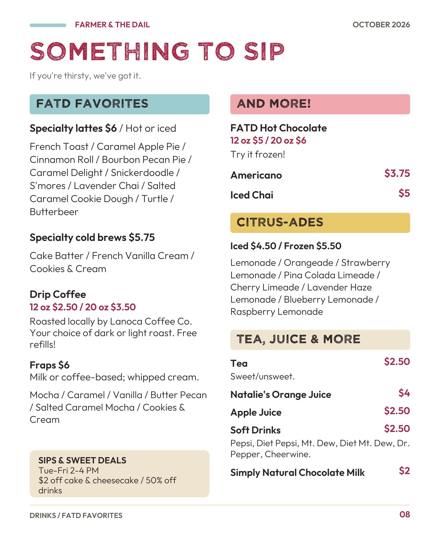 October 2026 menu — page 8: Drinks and FATD favorites