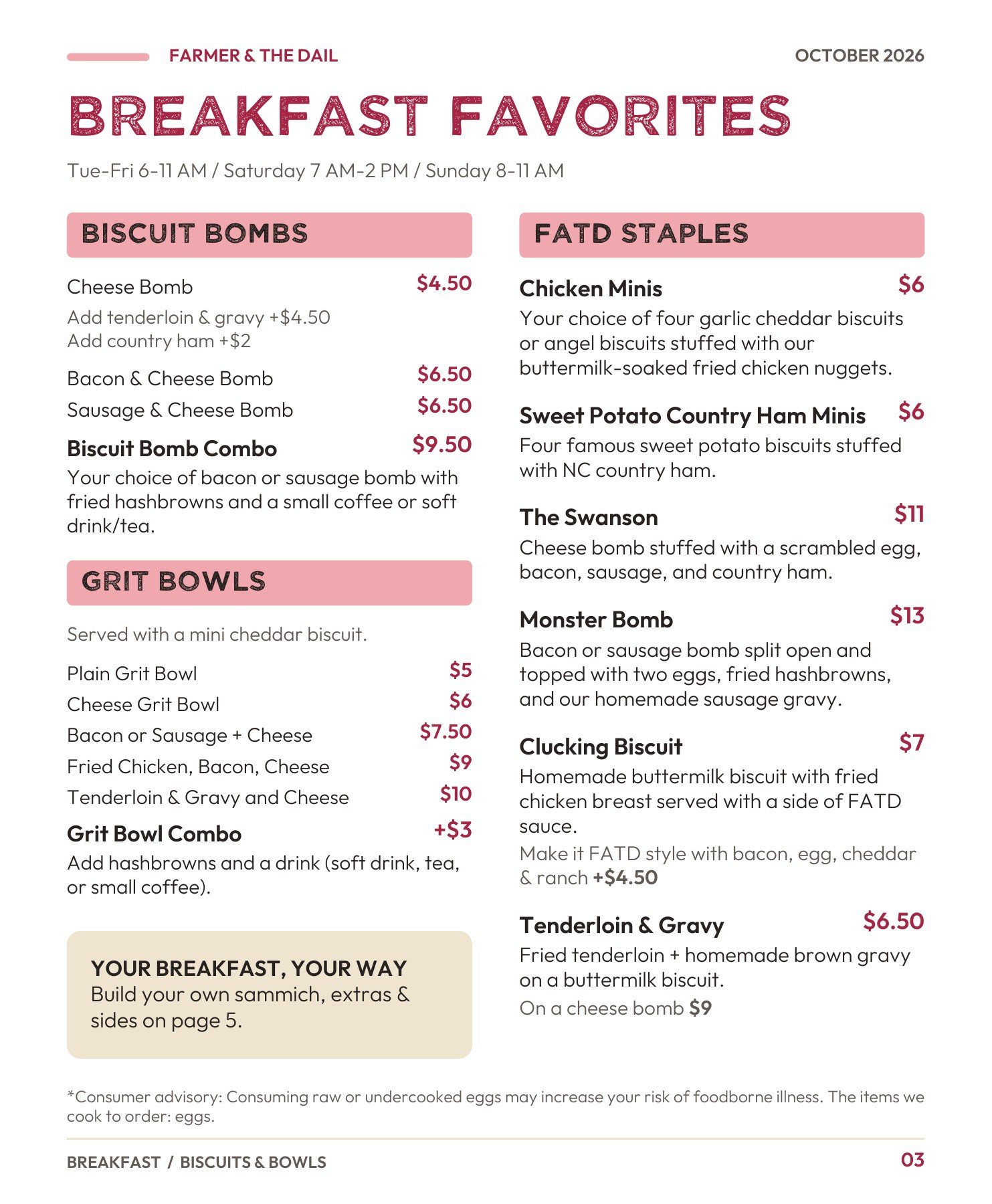 October 2026 menu — page 3: Breakfast favorites