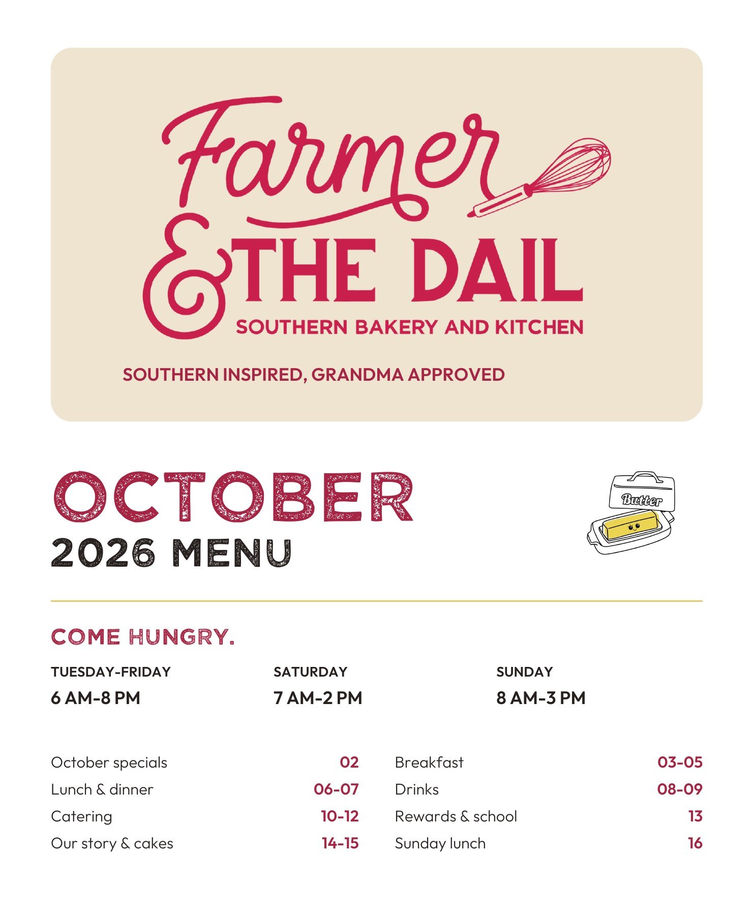 October 2026 menu — cover and opening hours