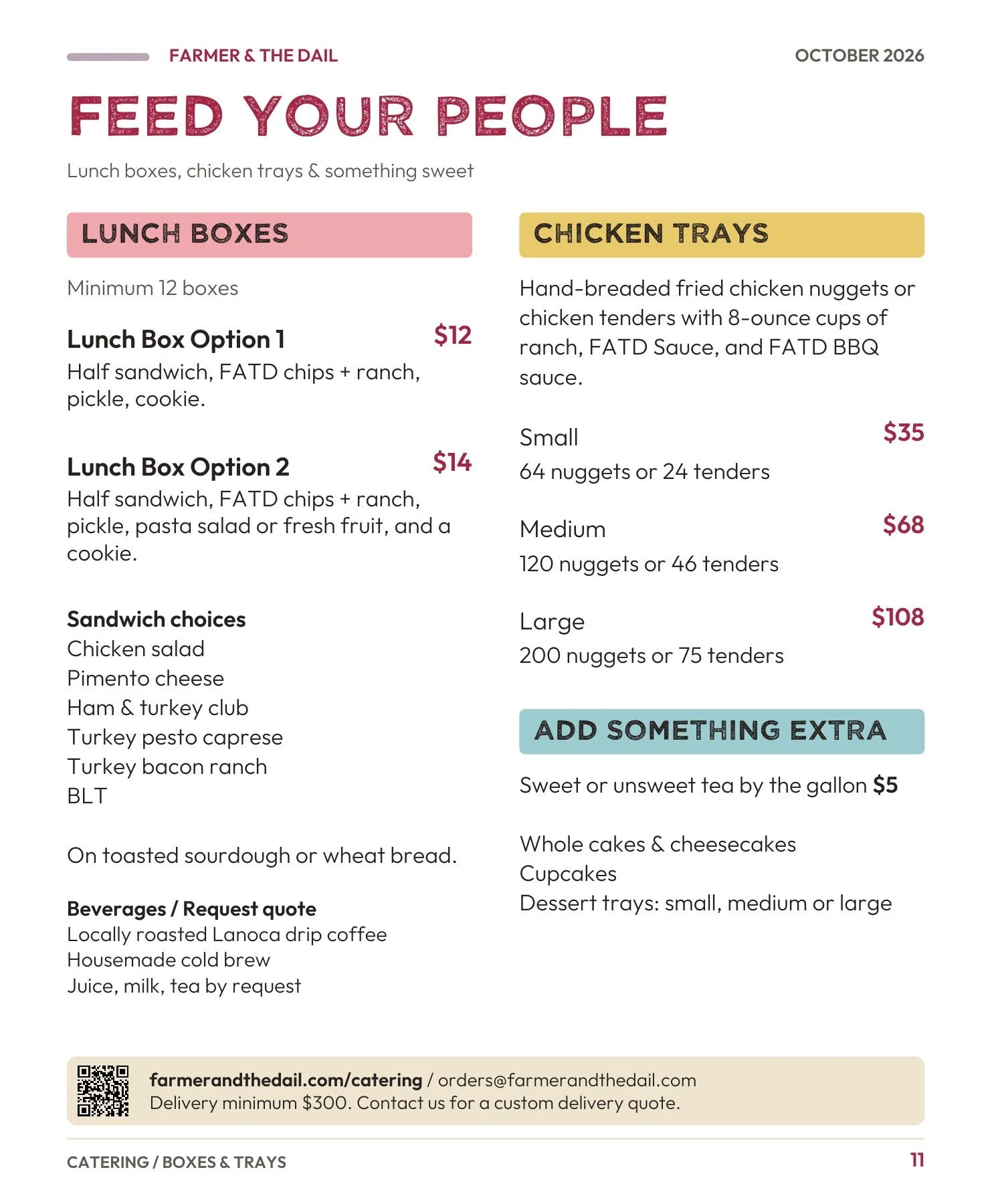 October 2026 menu — page 11: Catering lunch boxes and chicken trays