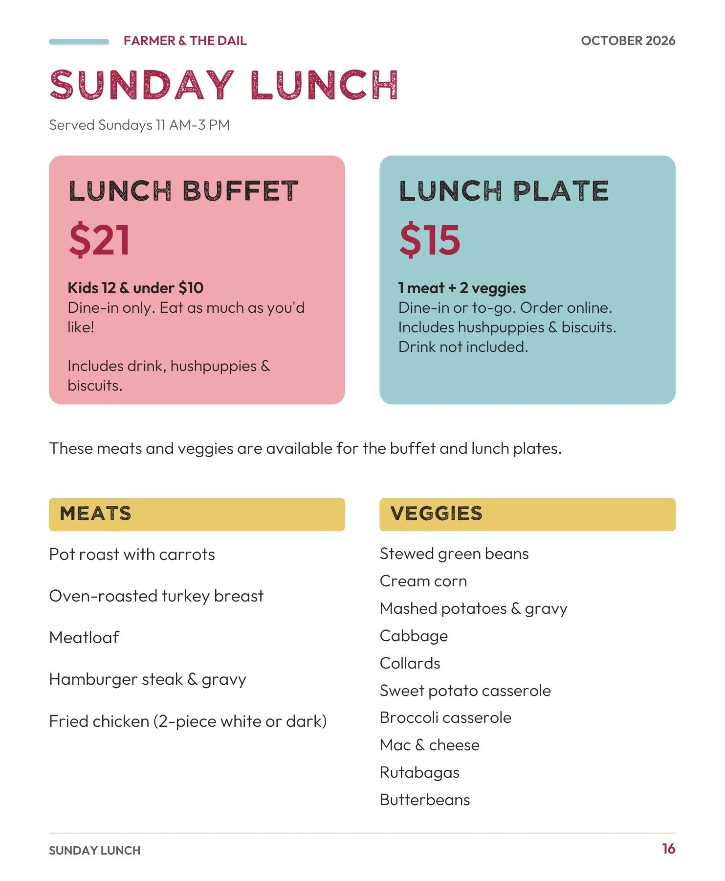 October 2026 menu — page 16: Sunday lunch