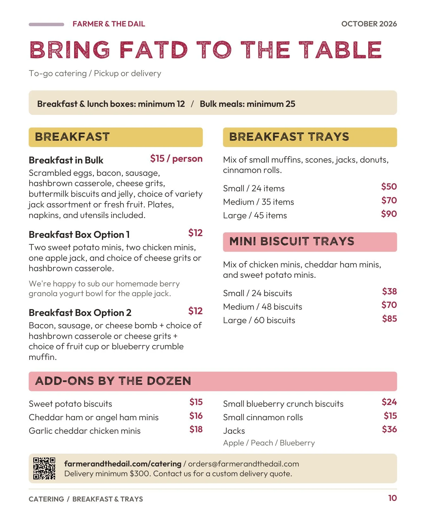 October 2026 menu — page 10: Catering breakfast and trays