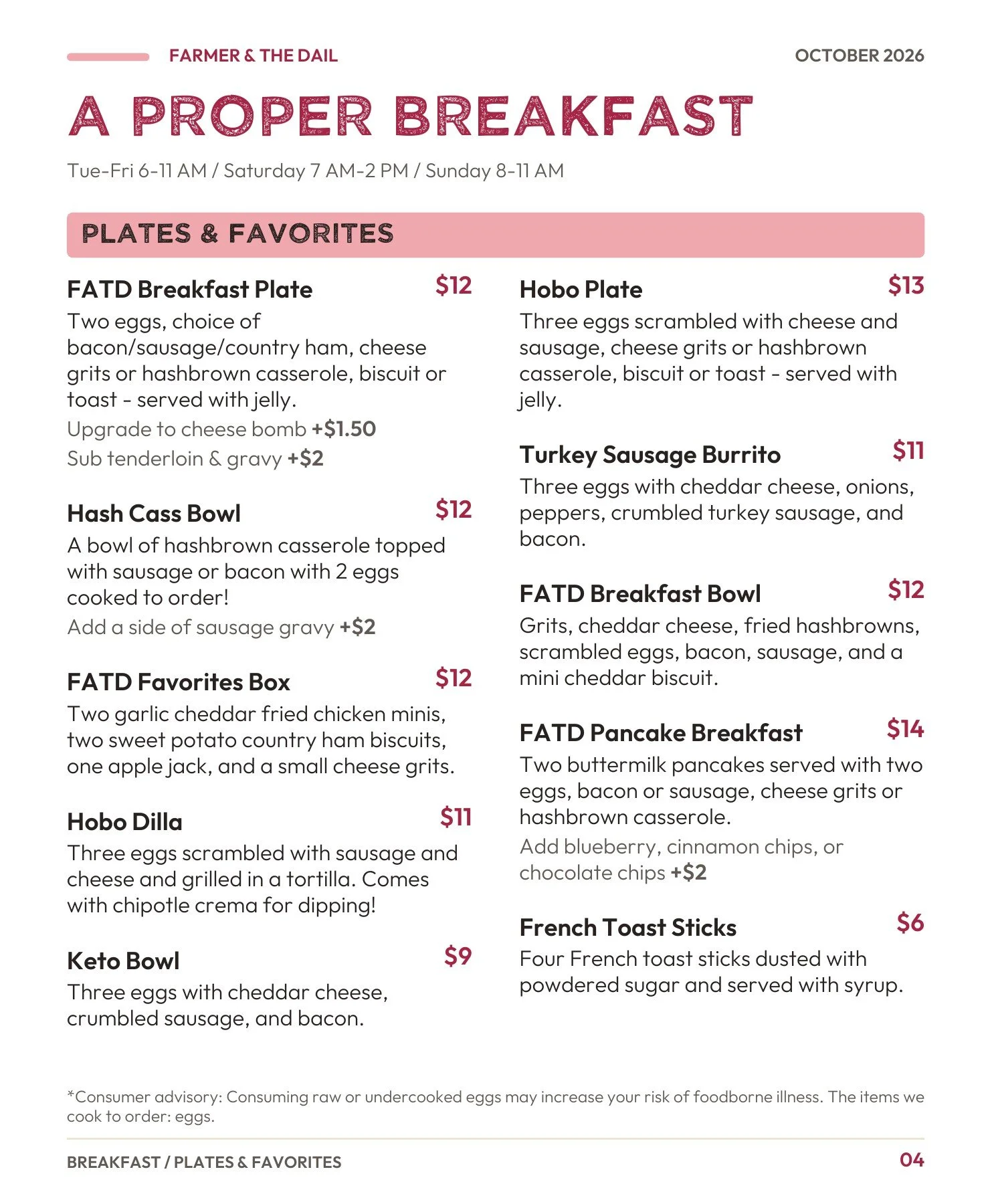 October 2026 menu — page 4: Breakfast plates and favorites