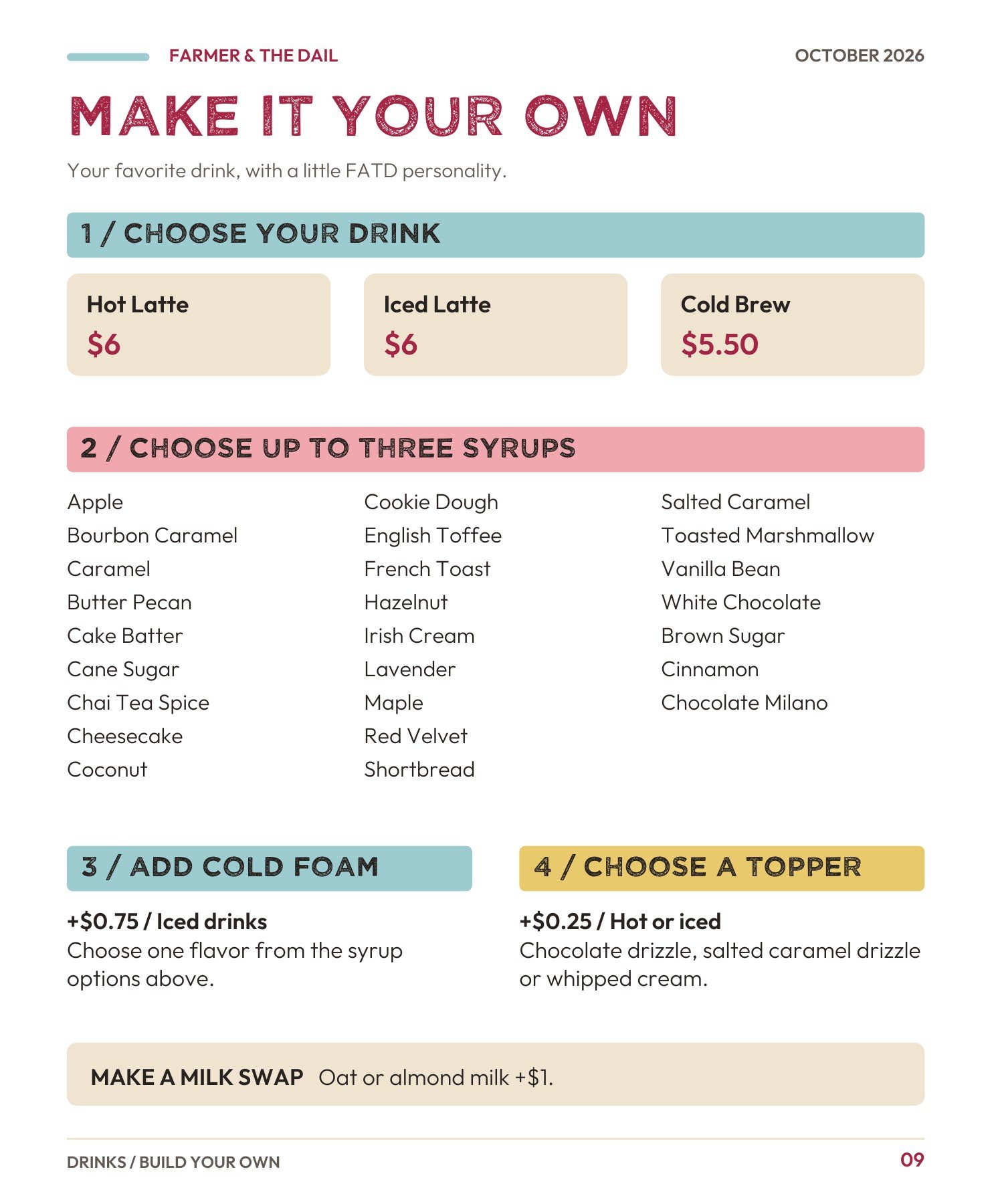October 2026 menu — page 9: Build your own drinks