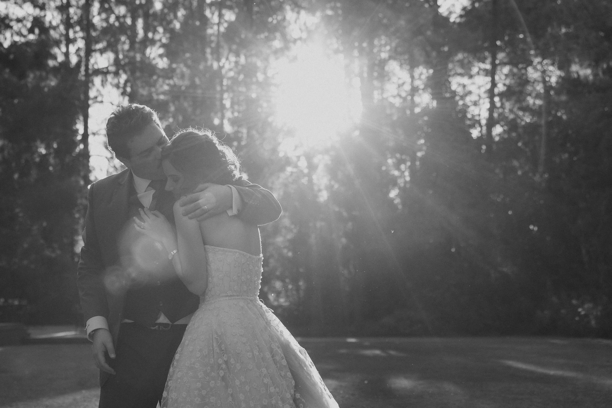 Pareja en un momento romántico al aire libre, en un día soleado, abrazándose. Ella lleva un vestido de novia y él un traje. La luz del sol brilla a través de los árboles en el fondo.