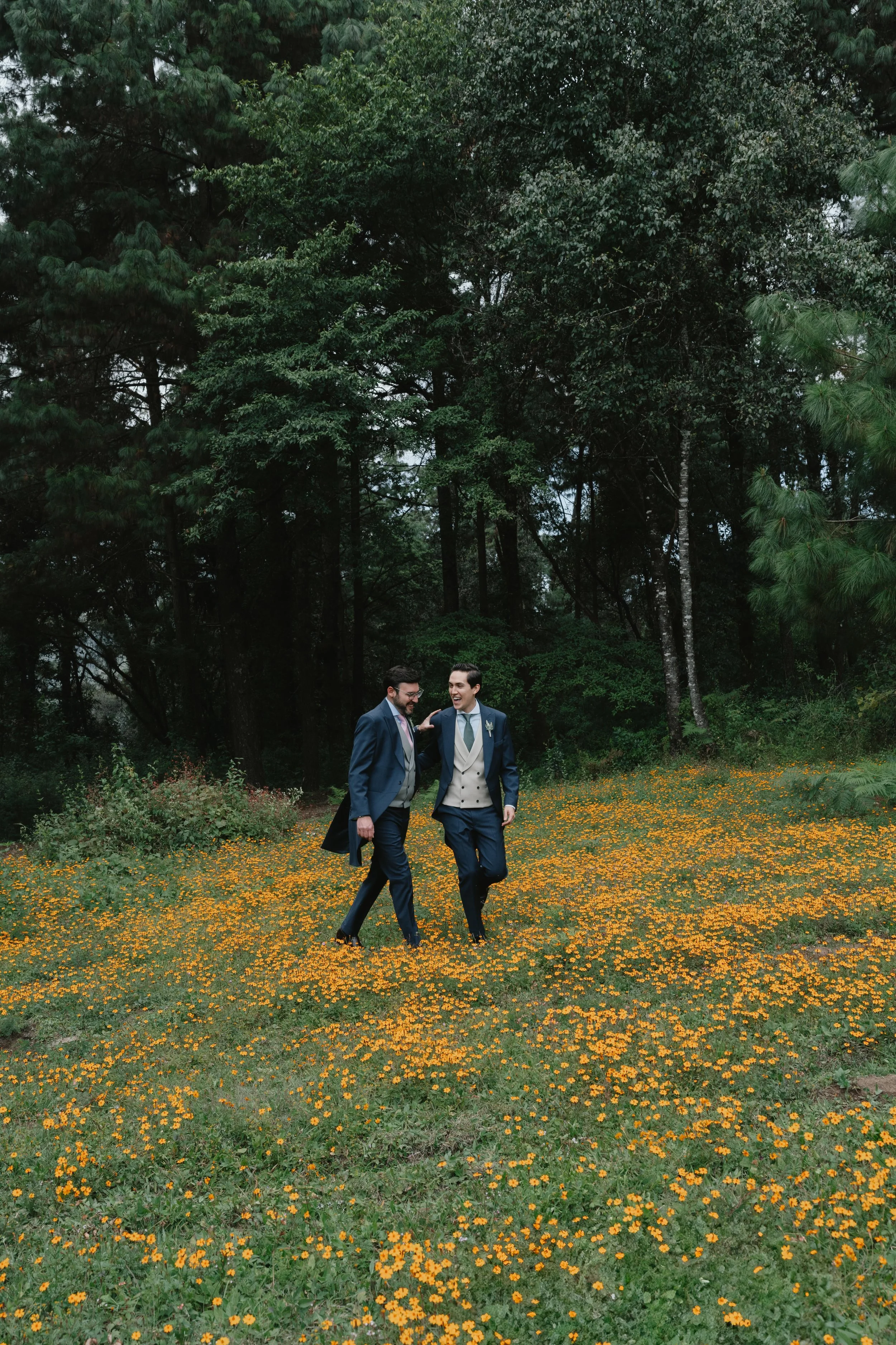 Dos hombres vestidos con trajes formales caminando y riendo en un campo cubierto de flores amarillas, con un fondo de árboles verdes.