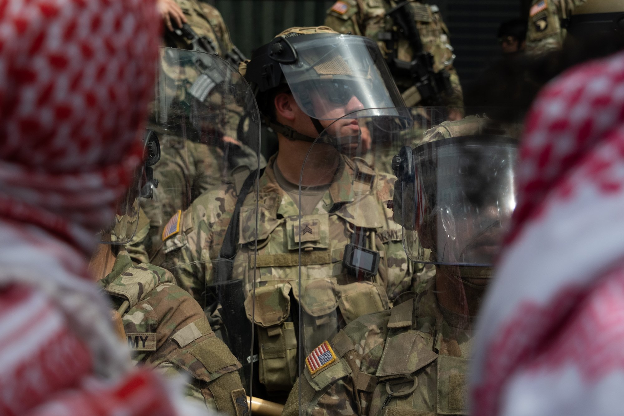 California National Guard troops protect the outside of the Federal Building in downtown Los Angeles during the No Kings Protest, June 14, 2025.