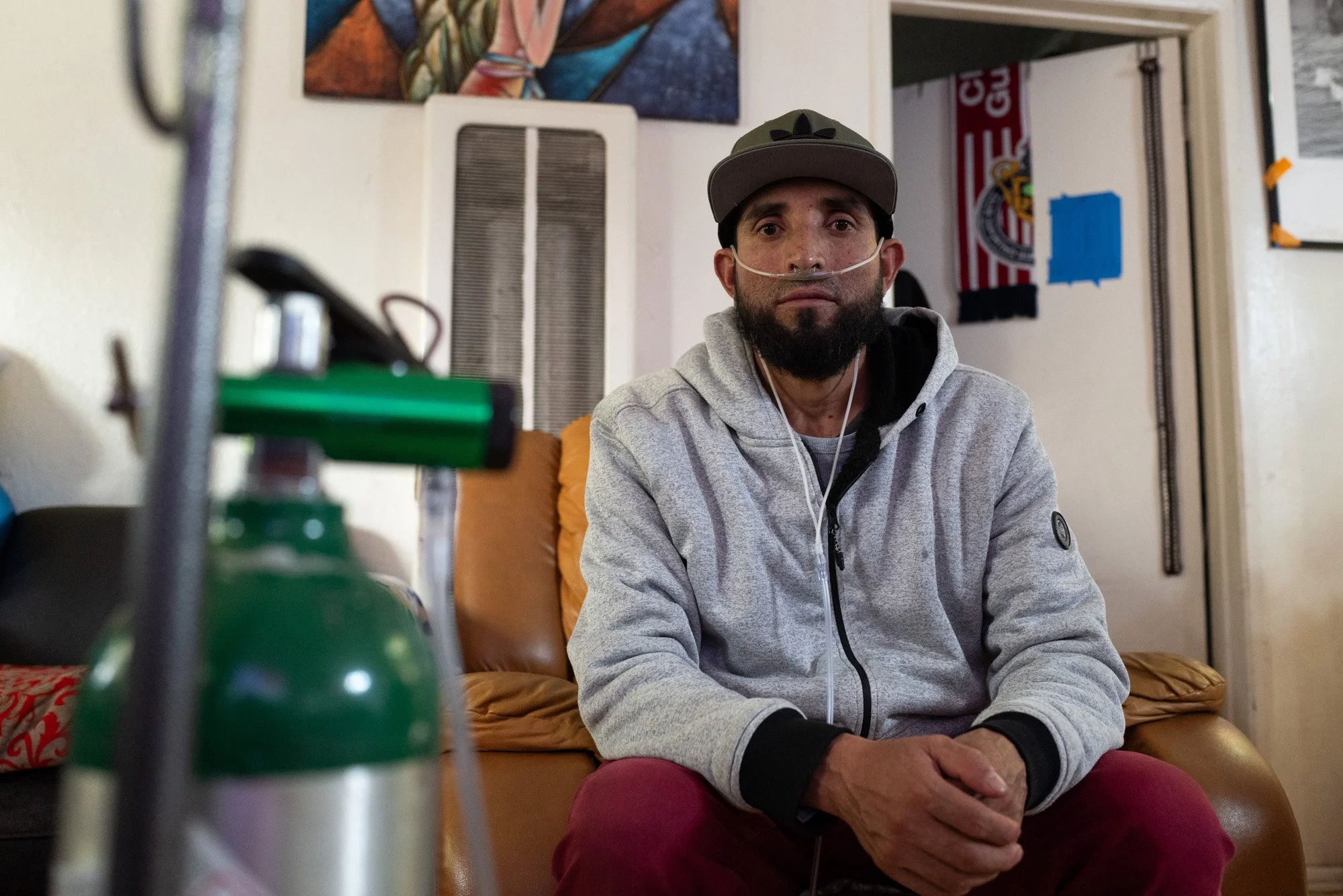  Daniel, 42, worked as a stone fabricator for 22 years in the San Fernando Valley. Last year, he was diagnosed with advanced silicosis, and now remains on oxygen while waiting for a lung transplant.  Los Angeles, CA, USA (4/25/25) 