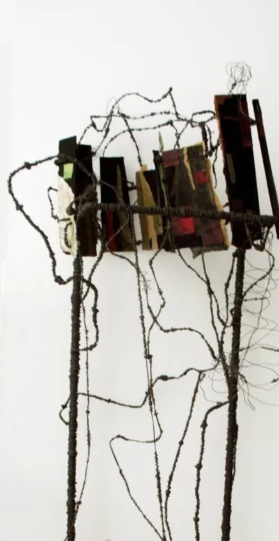 “Don’t Worry You Can Make It!”,
Pen & Ink, Acrylic, paper, fabric & wire,
28” x 58”, 2011