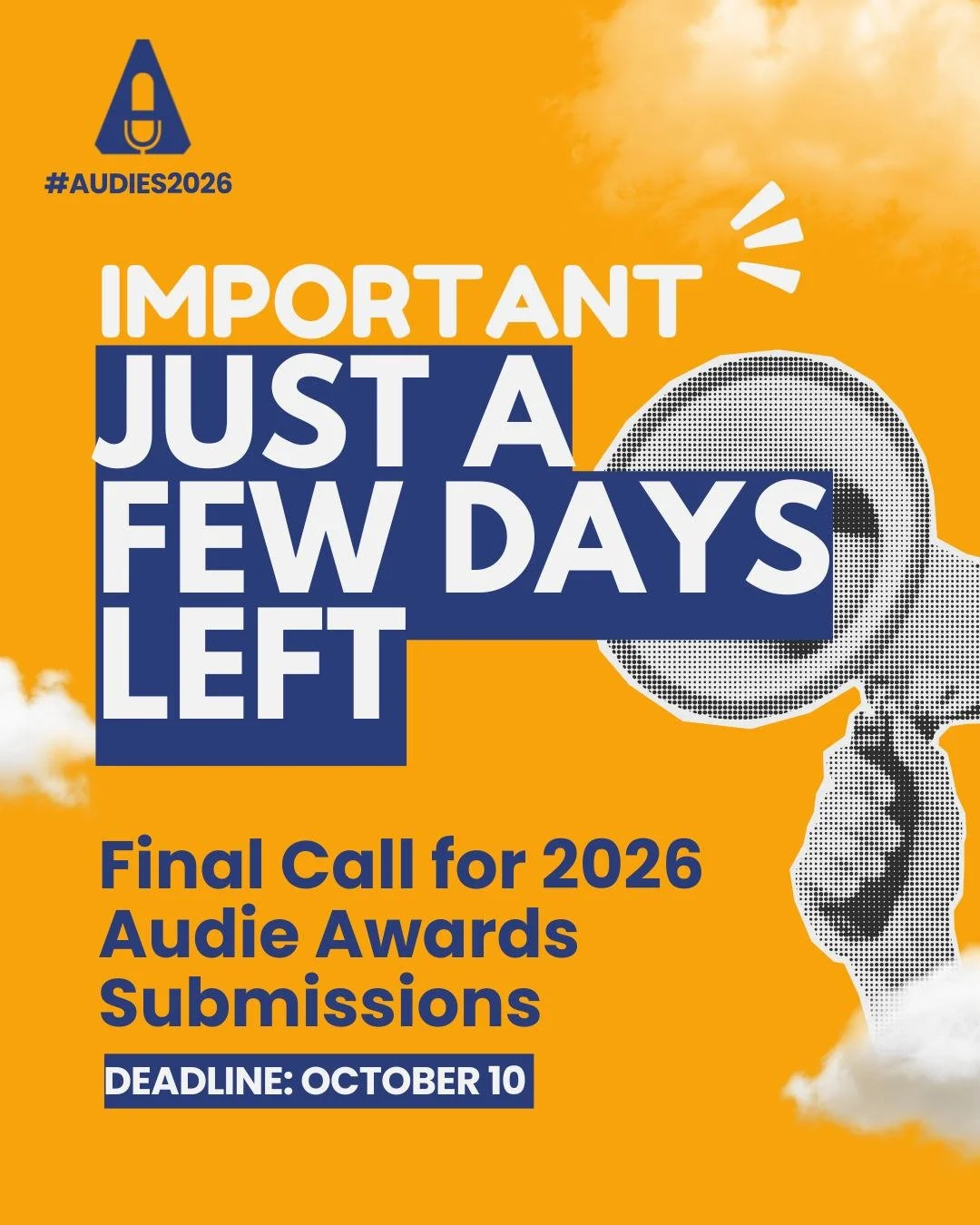 Final Days to Submit!
Missed the early window? You’re still in the game.
Submit your audiobook, share your voice, and celebrate the art of storytelling.
📅 Deadline: October 10
Learn more: https://audieawards.secure-platform.com/a
#Audies202