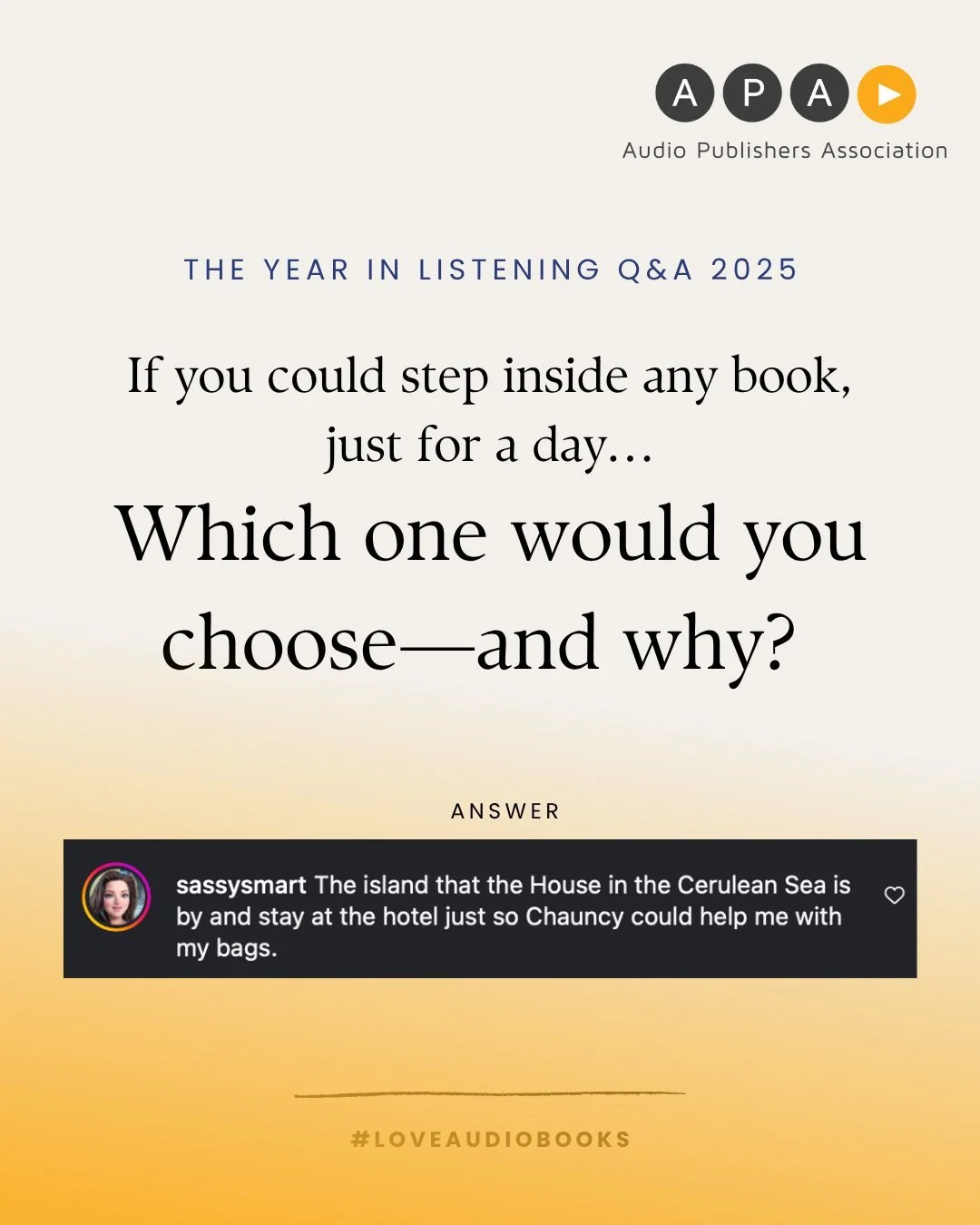 The Year in Listening: Q&amp;A Edition 
Answer by: @sassysmart 
10/10 answer. Would absolutely tip Chauncey extra.

Where would you spend your one-day book vacation?

#loveaudiobooks #audiobooks #booklovers #readerscommunity #bookish #audiobookcommun