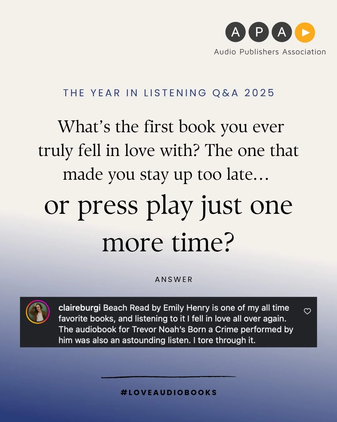 The Year in Listening: Q&amp;A Edition
Answer by: @claireburgu 
Rom-com comfort. Memoir mastery. Two listens that hit in all the right ways.

Which book made you fall headfirst into audiobook life?

#loveaudiobooks #audiobooks #booklovers #readerscom
