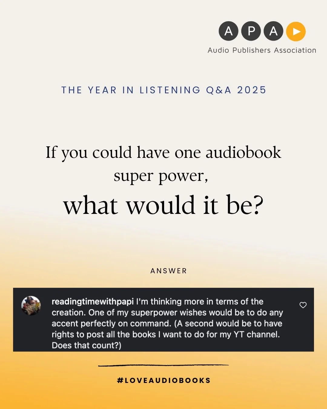 The Year in Listening: Q&amp;A Edition
Answer by: @readingtimewithpapi 
Does it count? Absolutely. It counts and then some.
🎙️ Perfect accents? Elite narrator energy.📚 Unlimited posting rights? Hero of the audiobook underground.

#loveaudiobooks #a