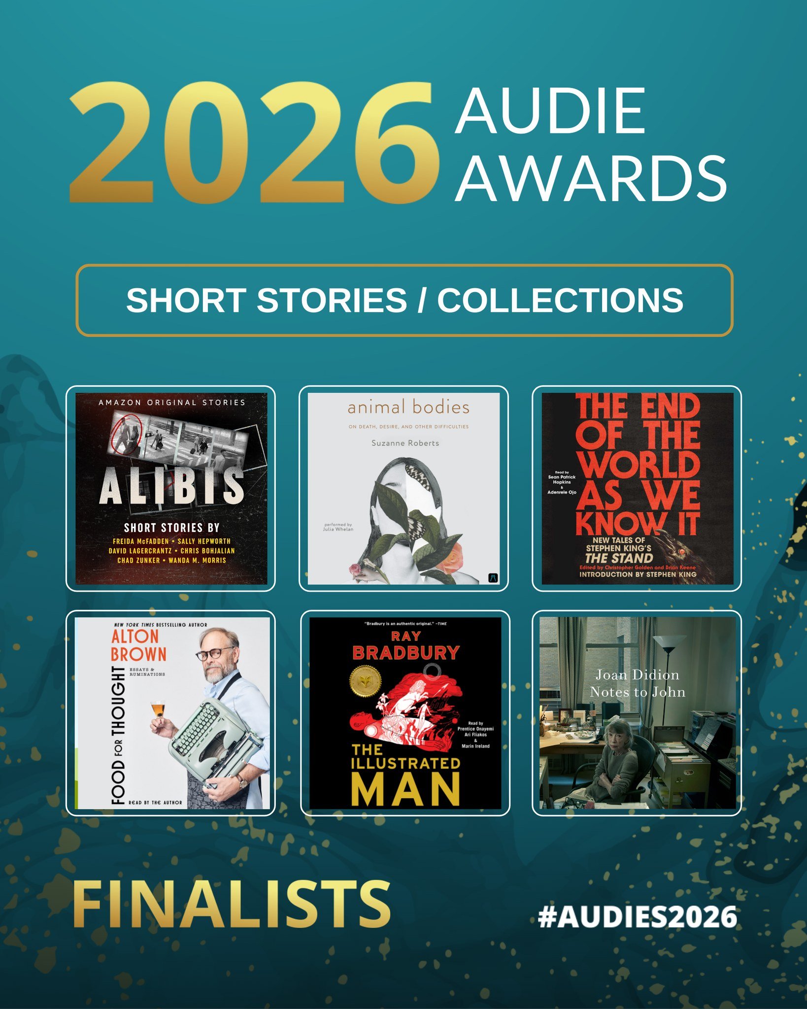 The Short Stories finalists prove you do not need a thousand pages to leave a mark. Here's to small packages that have a massive impact. 

#Audies2026 @justjuliawhelan @myaudiobrary @suzanneroberts28 @Simon.Audio @joandidion @juliannemoore @prhaudio