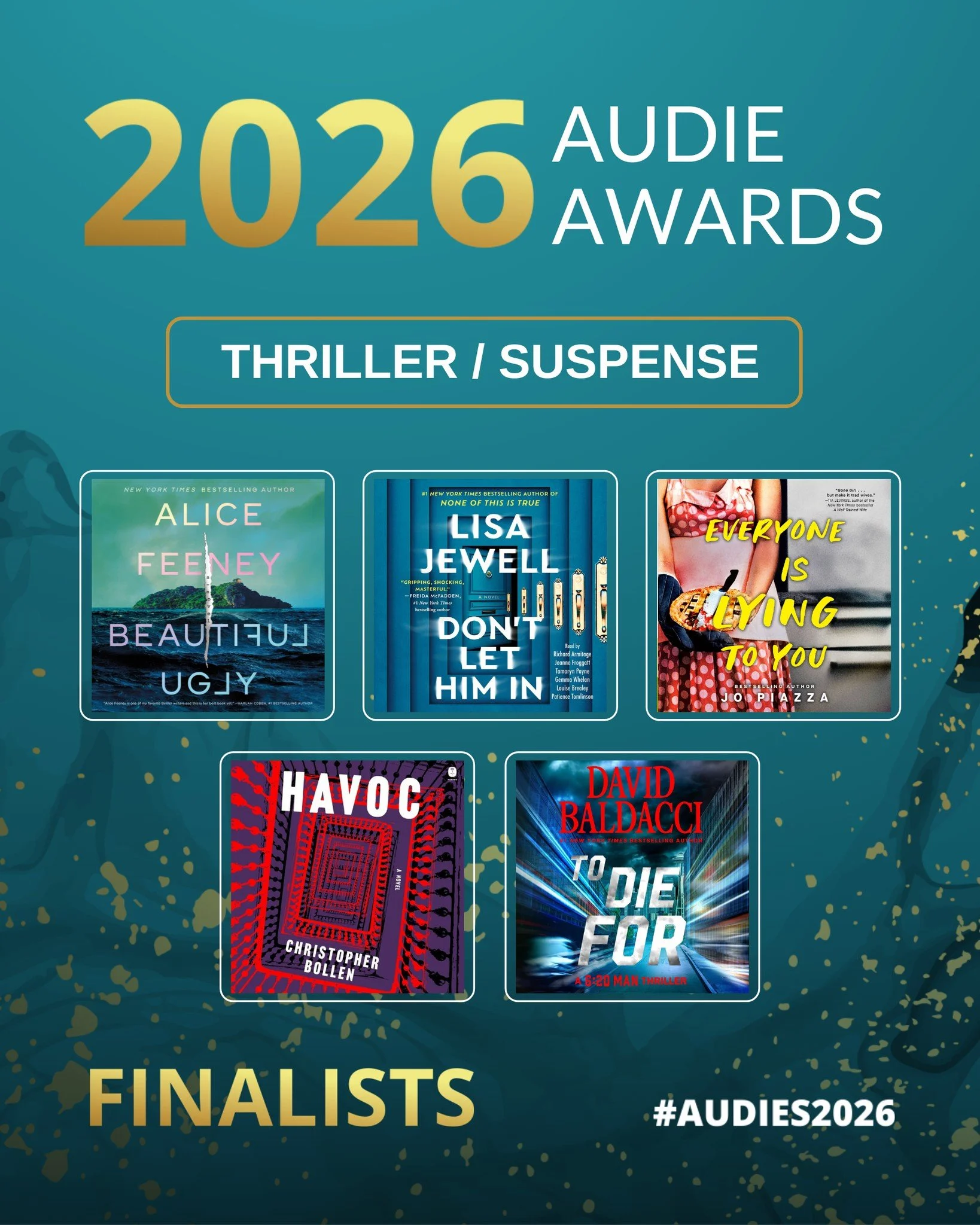 These Thriller/Suspense finalists should come with a warning label: ⚠️ You may miss important events because you refused to pause. 

#Audies2026 @macmillan.audio  @alicewriterland  @richardcarmitage  @twopencemiddleton  @simon.audio  @jopiazzaauthor 