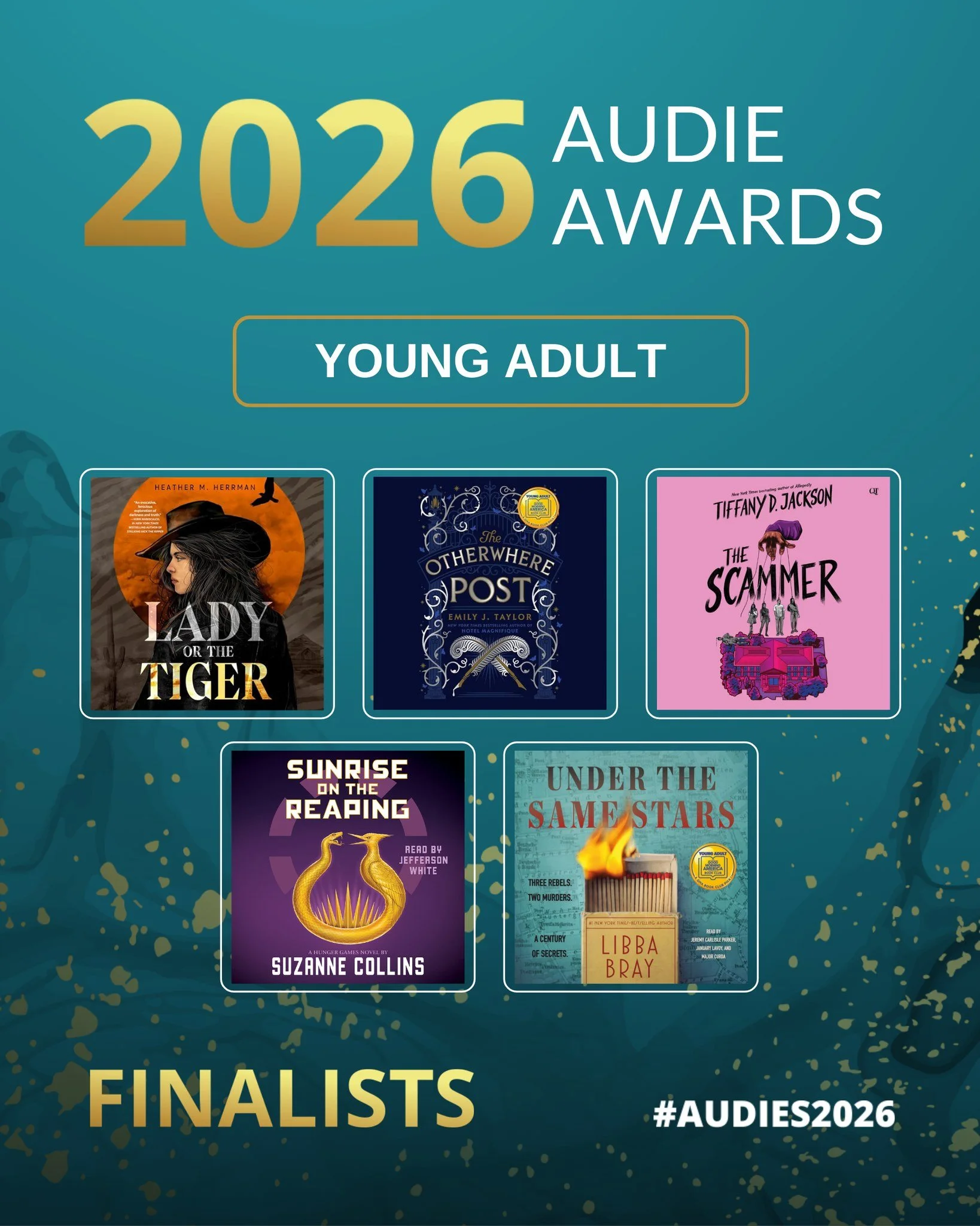 Bold voices, big feelings, and stories that hit hard. The Young Adult finalists captured everything we love about this category, with performances that stayed with us.

 #Audies2026 @heatherherrmanauthor  @sophie_amoss_vo_actor  #TheHungerGames #Read