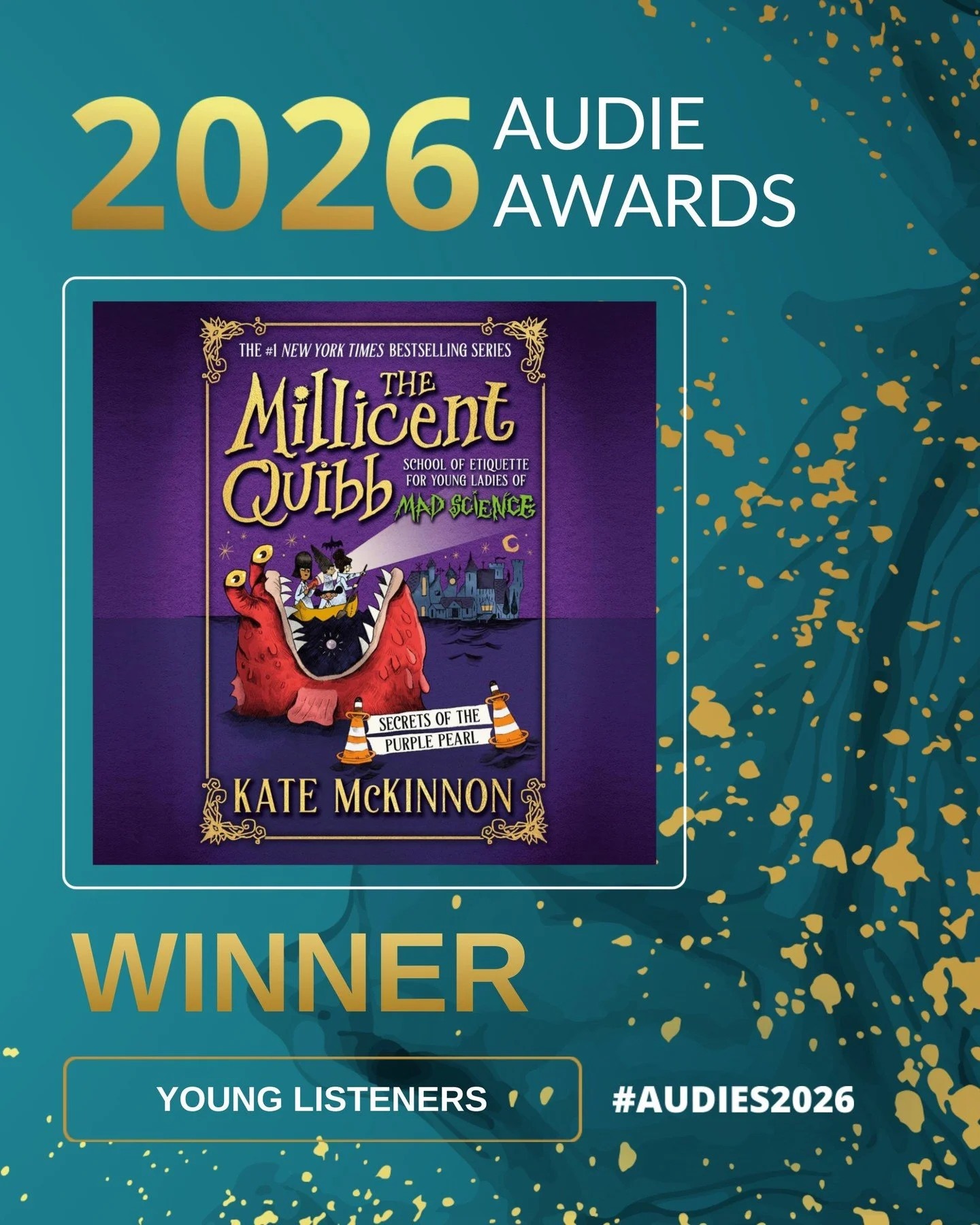 Expect mischief, mayhem, and one misbehaving mystery. The Audie for Young Listeners goes to an adventure that turns any car ride into a full-on show.

📖 Secrets of the Purple Pearl
 ✍️ Kate McKinnon
 🎙️ Kate McKinnon and Emily Lynne
 🎧 @hachetteau